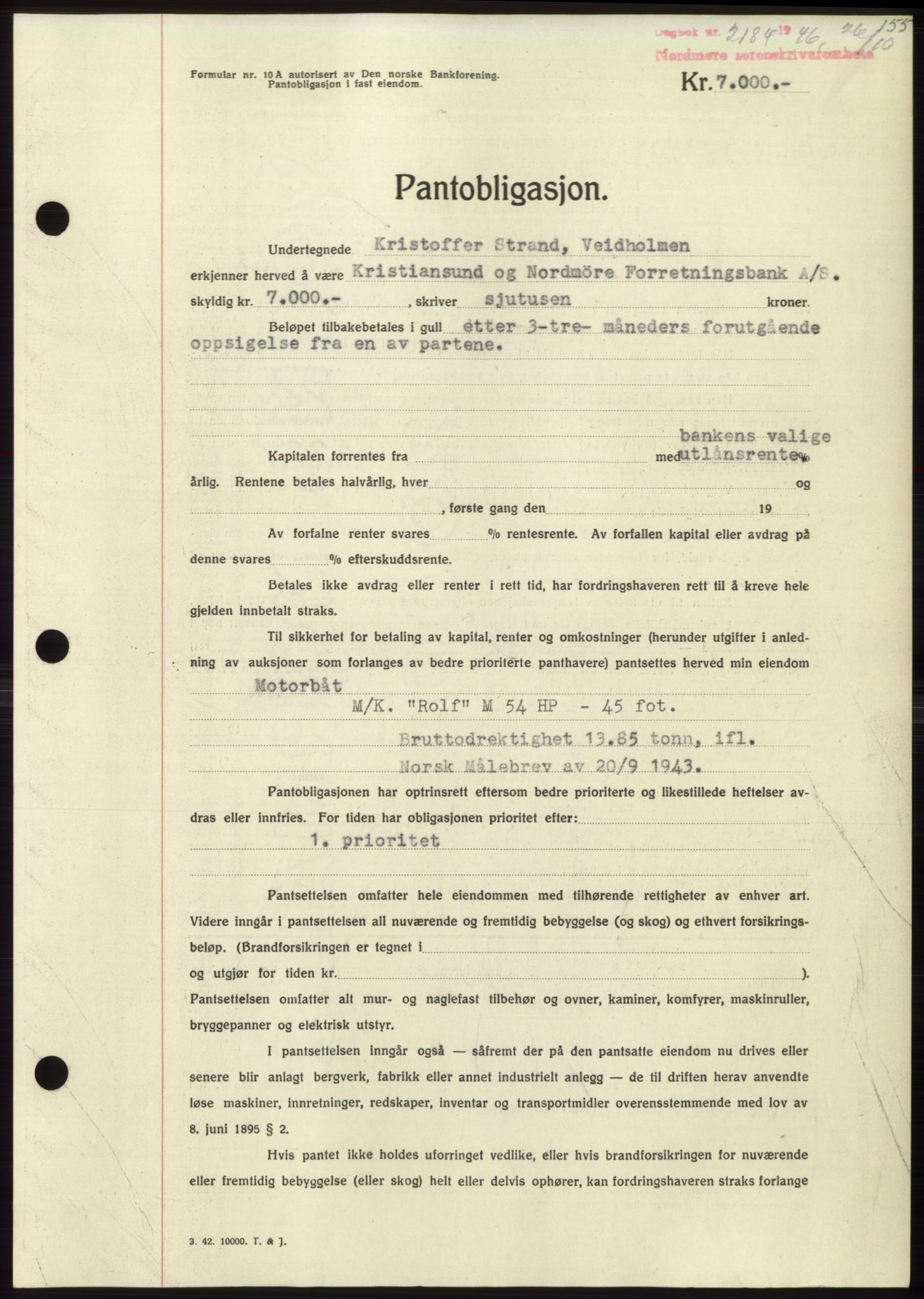 Nordmøre sorenskriveri, AV/SAT-A-4132/1/2/2Ca: Mortgage book no. B95, 1946-1947, Diary no: : 2184/1946