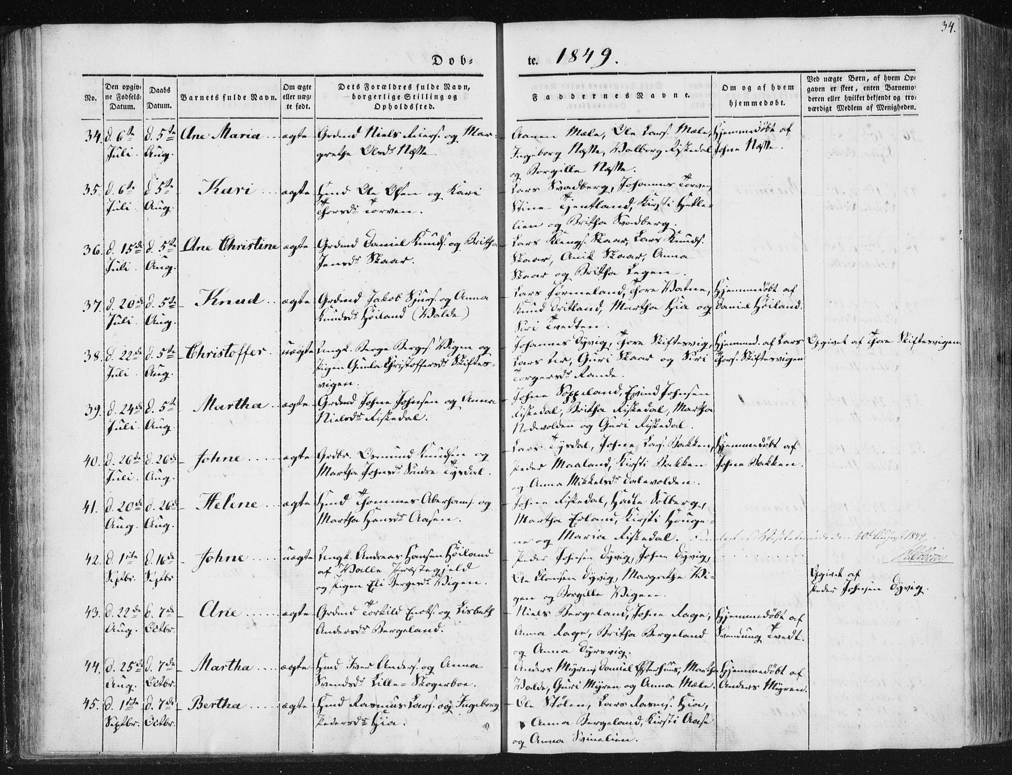 Hjelmeland sokneprestkontor, AV/SAST-A-101843/01/IV/L0008: Parish register (official) no. A 8, 1842-1861, p. 34