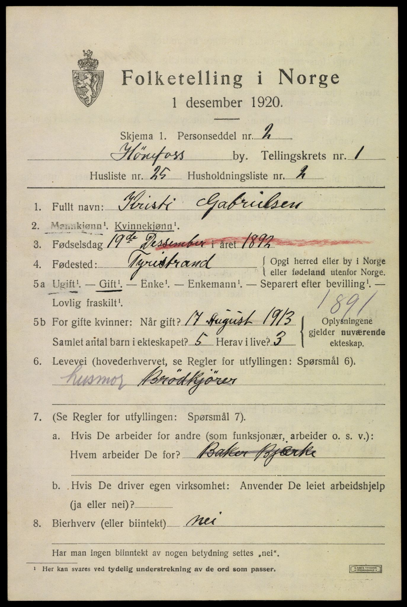 SAKO, 1920 census for Hønefoss, 1920, p. 2828