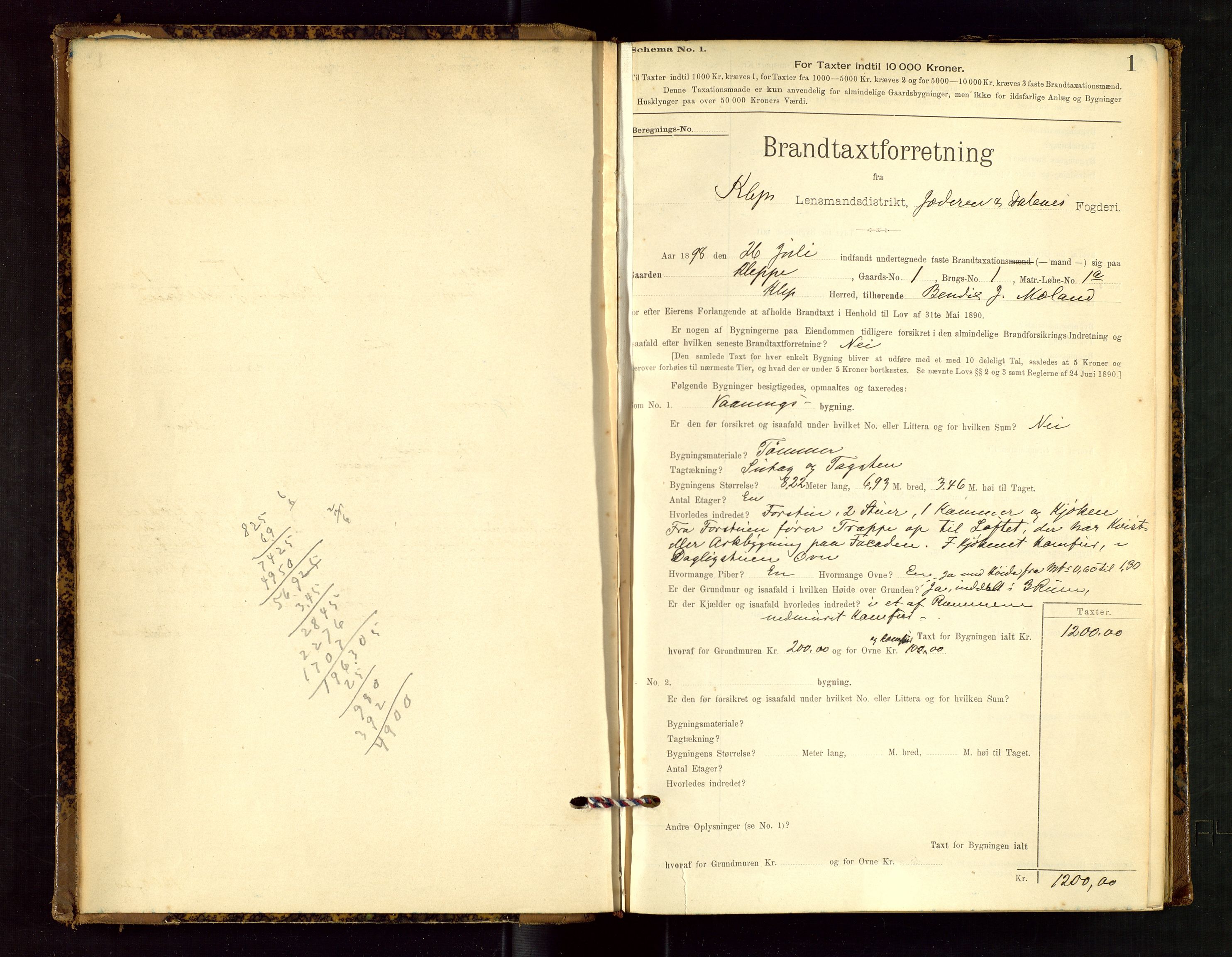 Klepp lensmannskontor, SAST/A-100163/Goc/L0002: "Brandtaxationsprotokol" m/register, 1898-1902, p. 1