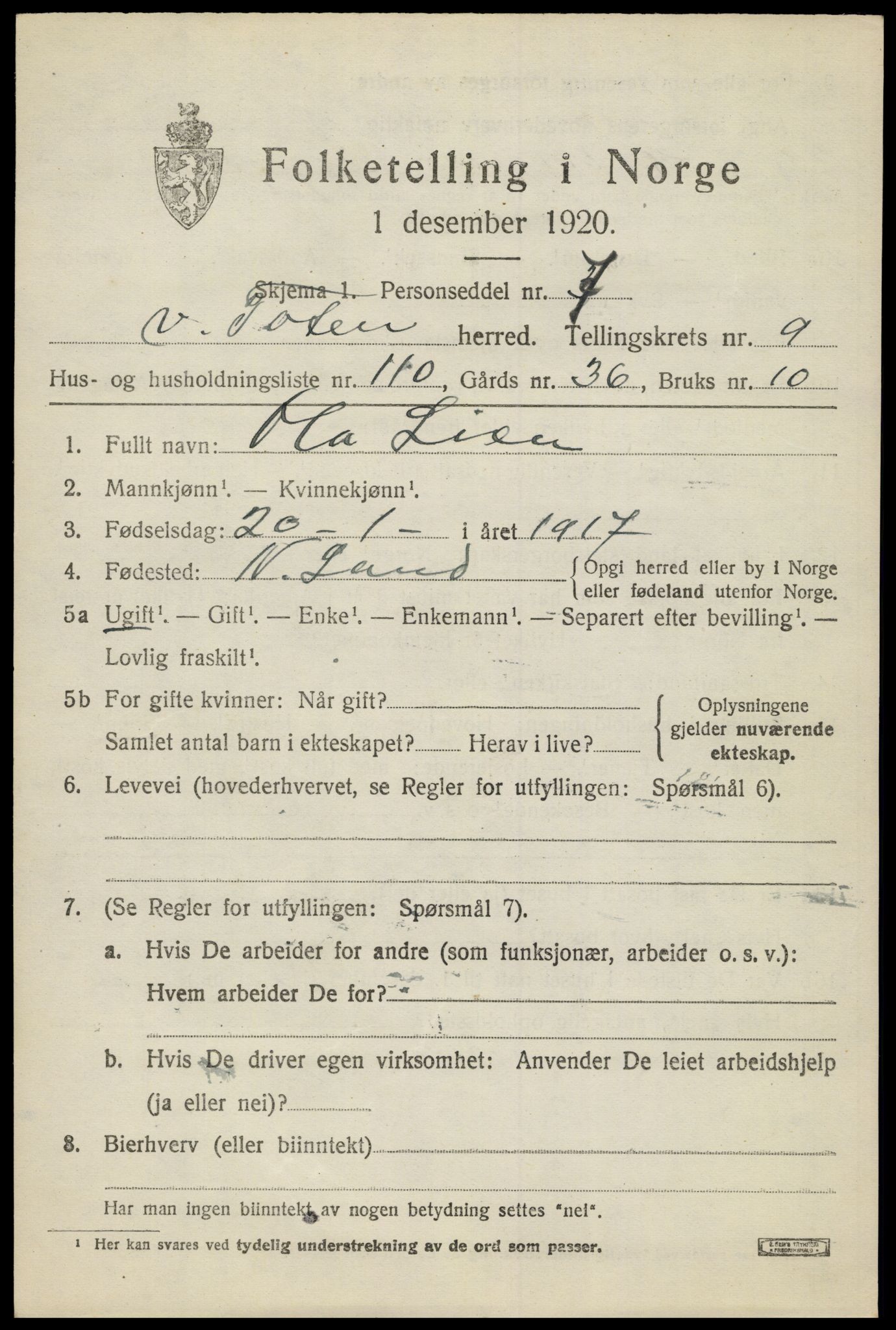 SAH, 1920 census for Vestre Toten, 1920, p. 12988