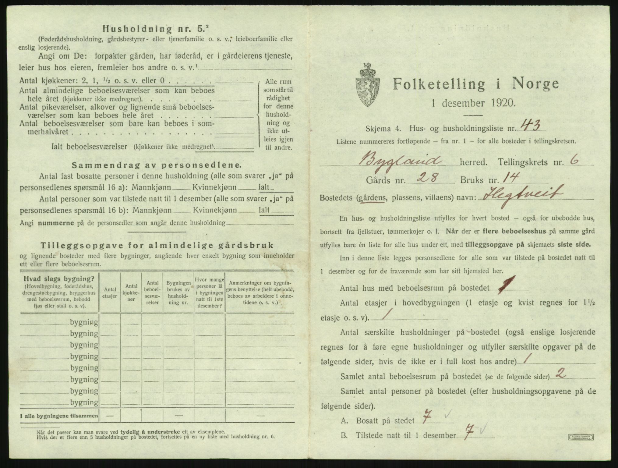 SAK, 1920 census for Bygland, 1920, p. 365