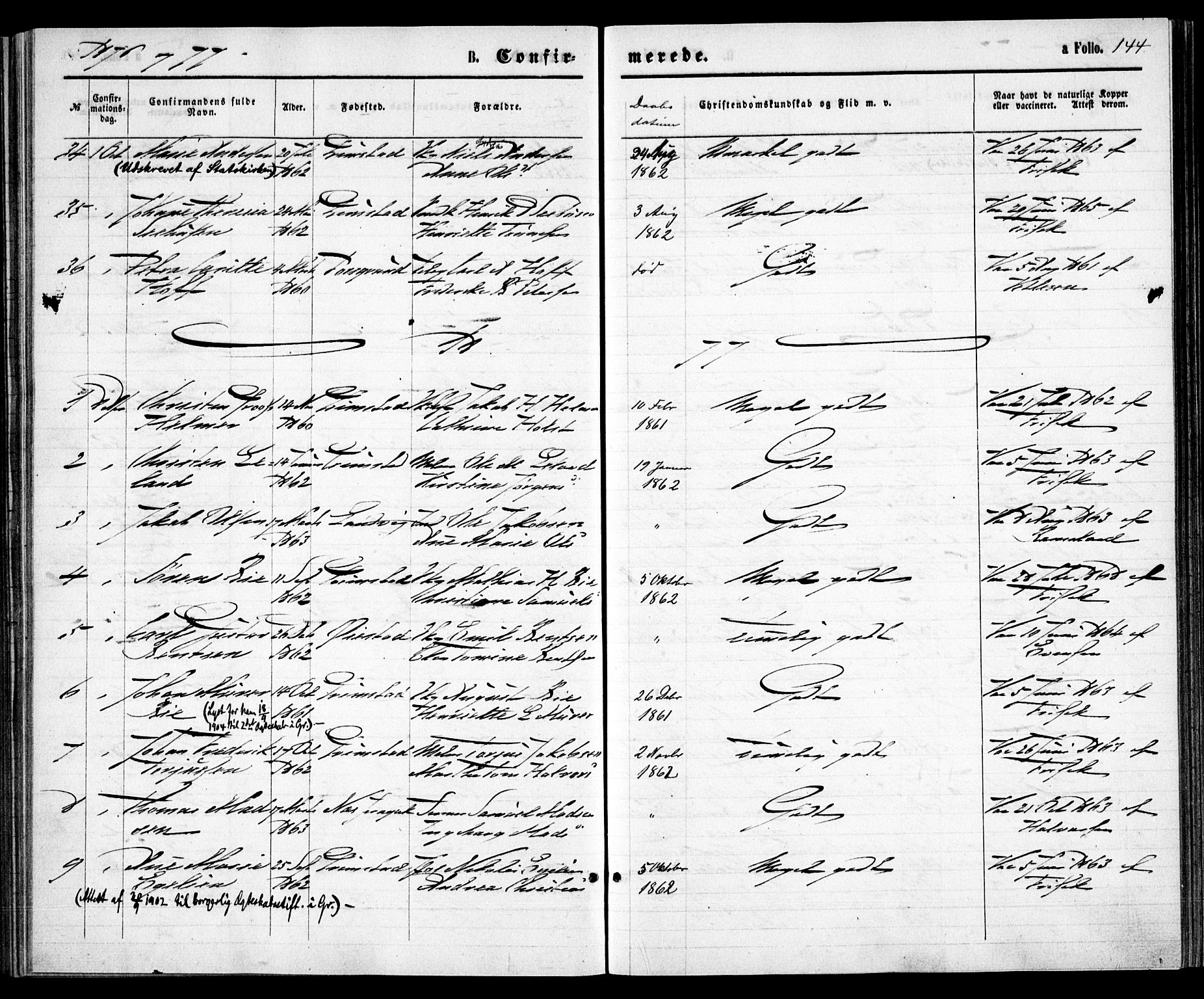 Grimstad sokneprestkontor, AV/SAK-1111-0017/F/Fa/L0002: Parish register (official) no. A 1, 1869-1881, p. 144