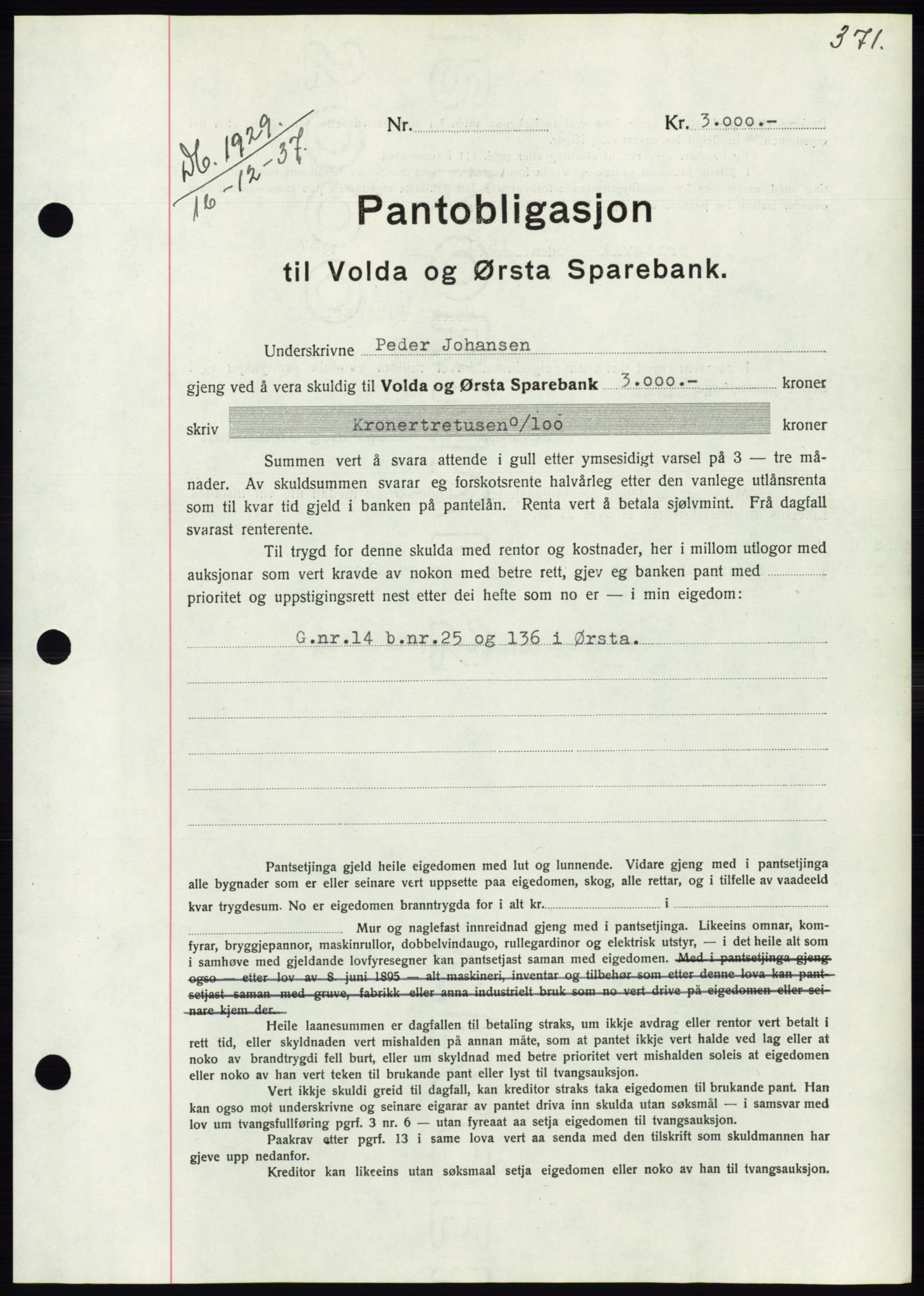 Søre Sunnmøre sorenskriveri, AV/SAT-A-4122/1/2/2C/L0064: Mortgage book no. 58, 1937-1938, Diary no: : 1829/1937