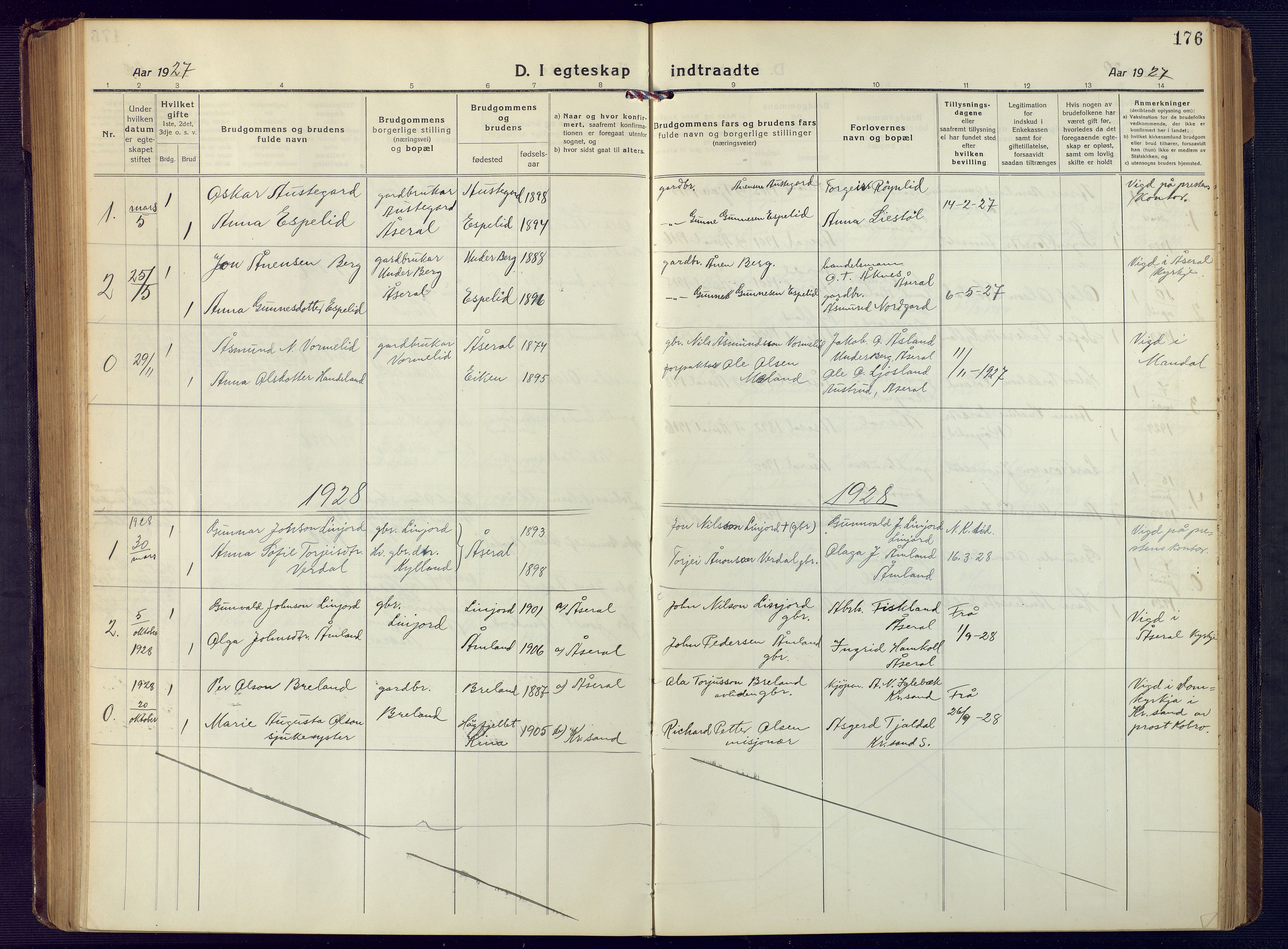 Åseral sokneprestkontor, SAK/1111-0051/F/Fb/L0004: Parish register (copy) no. B 4, 1920-1946, p. 176