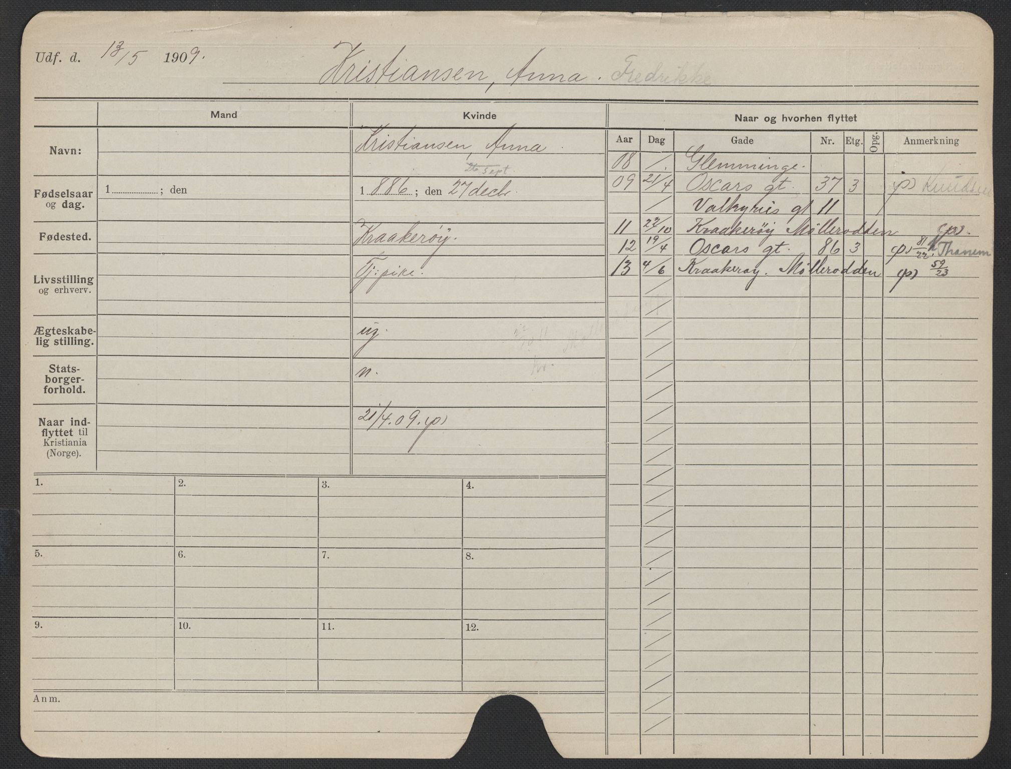 Oslo folkeregister, Registerkort, AV/SAO-A-11715/F/Fa/Fac/L0019: Kvinner, 1906-1914, p. 228a