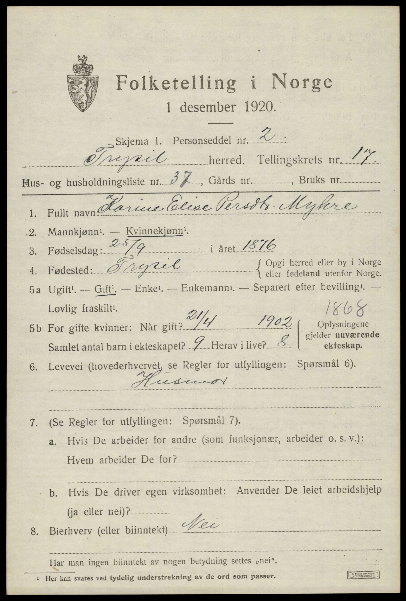 SAH, 1920 census for Trysil, 1920, p. 10625