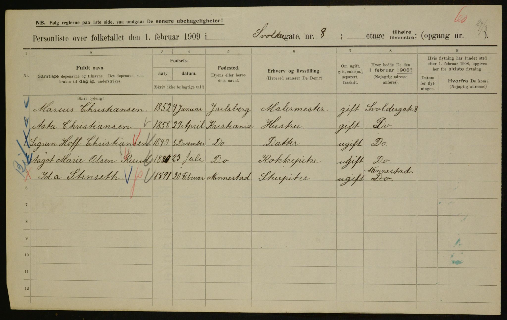 OBA, Municipal Census 1909 for Kristiania, 1909, p. 96115