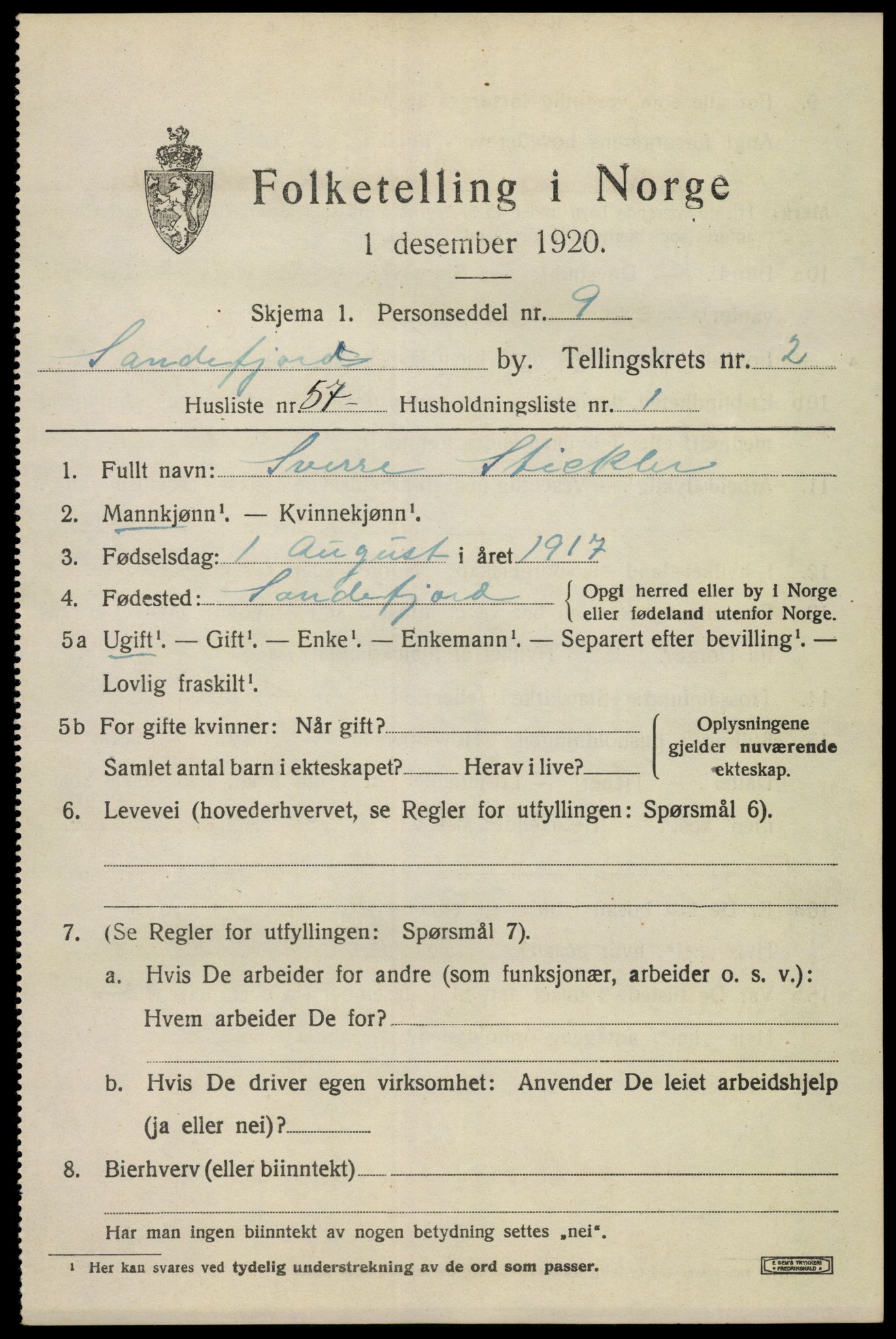 SAKO, 1920 census for Sandefjord, 1920, p. 6540