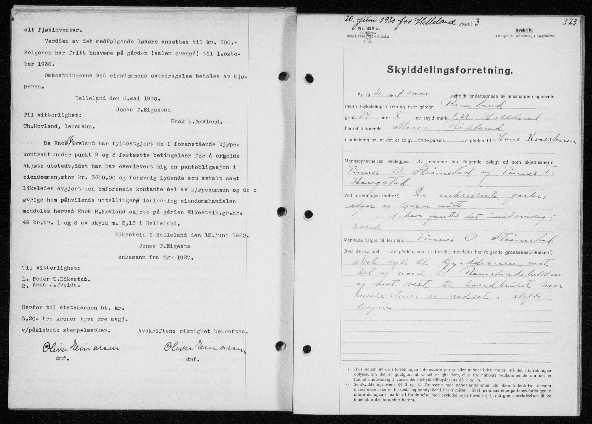 Dalane sorenskriveri, SAST/A-100309/001/4/41/41BE/L0032: Mortgage book no. 36, 1929-1930, Deed date: 20.06.1930