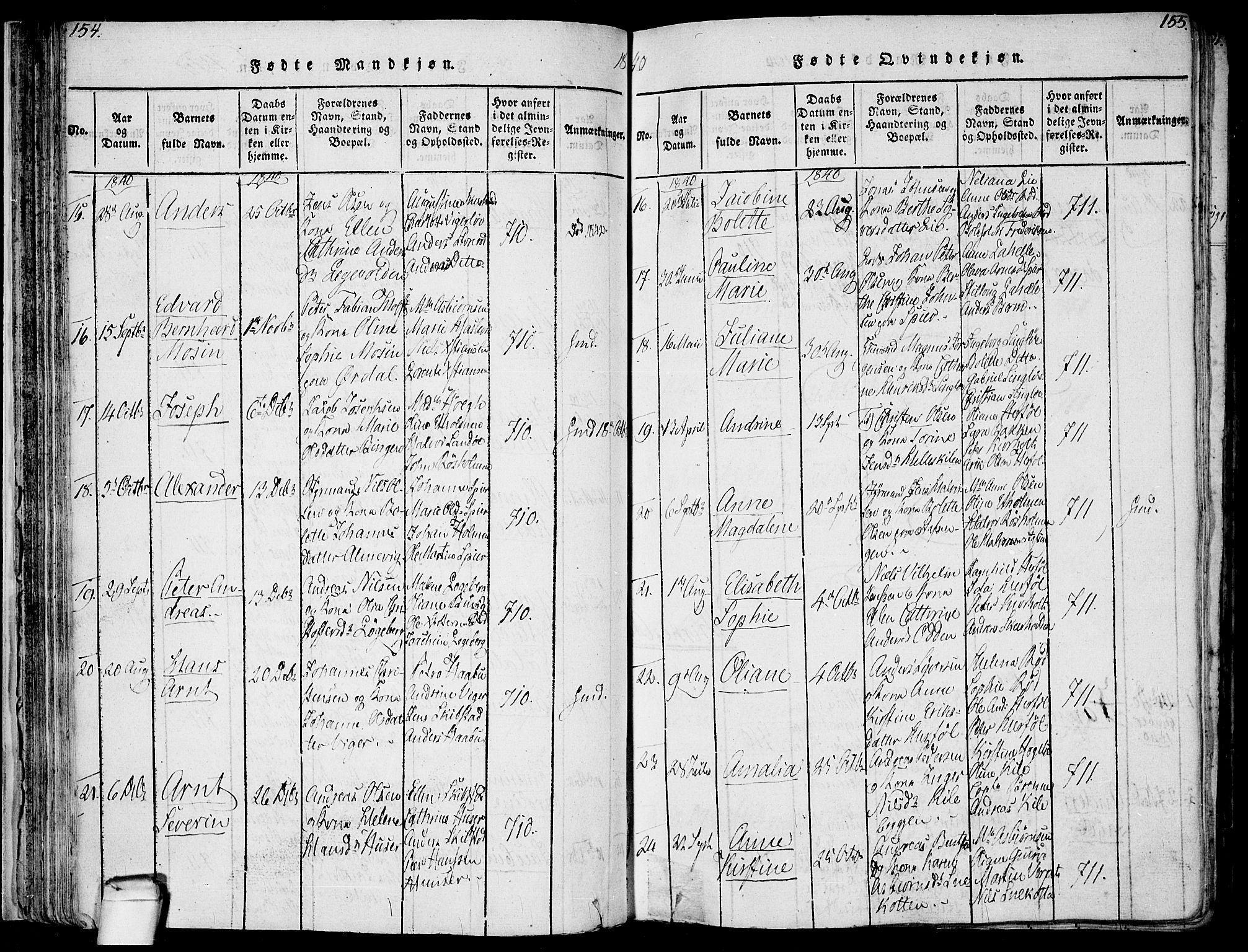 Hvaler prestekontor Kirkebøker, SAO/A-2001/F/Fa/L0005: Parish register (official) no. I 5, 1816-1845, p. 154-155