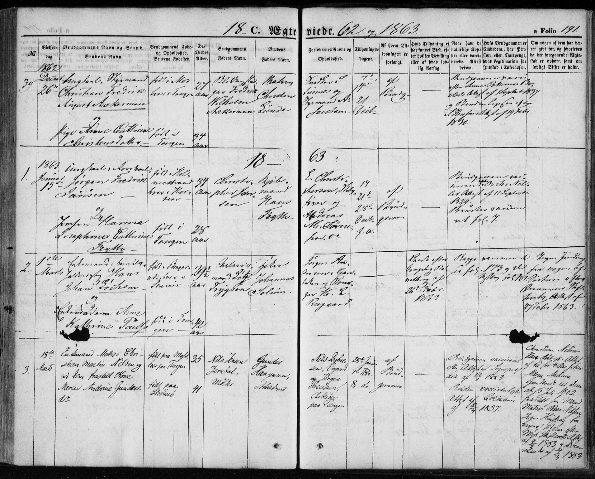 Strømsø kirkebøker, AV/SAKO-A-246/F/Fa/L0017: Parish register (official) no. I 17, 1848-1865, p. 191