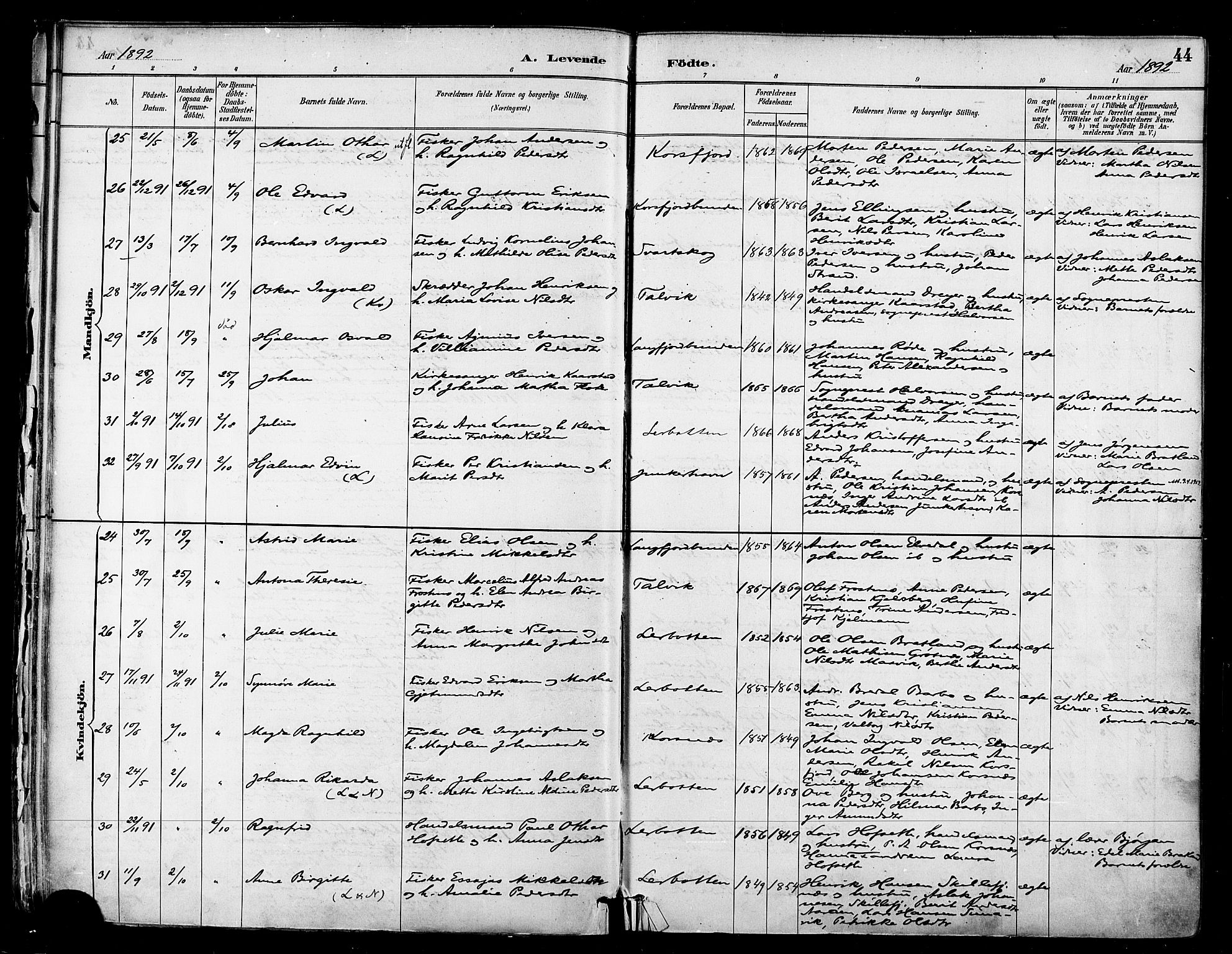 Talvik sokneprestkontor, SATØ/S-1337/H/Ha/L0013kirke: Parish register (official) no. 13, 1886-1897, p. 44