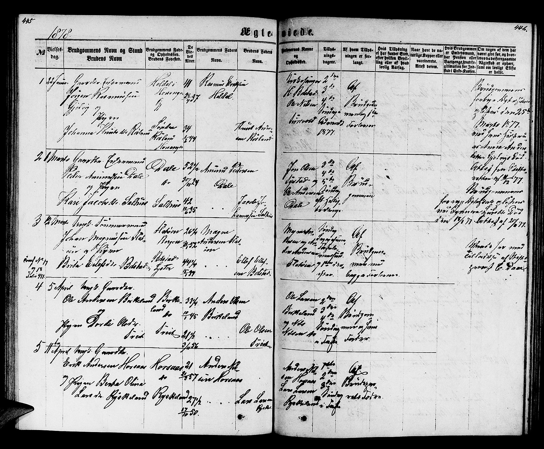 Hamre sokneprestembete, SAB/A-75501/H/Ha/Hab: Parish register (copy) no. B 2, 1863-1880, p. 445-446