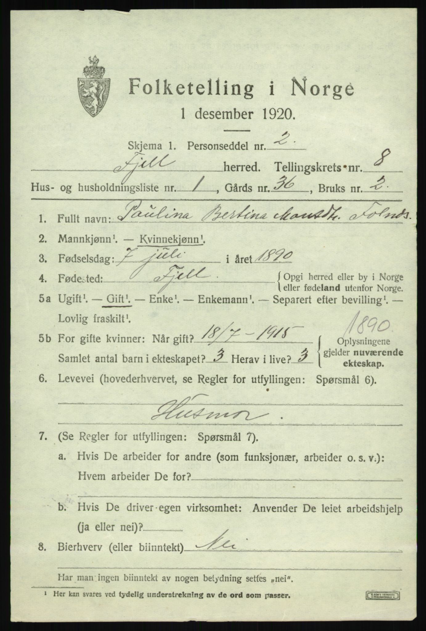 SAB, 1920 census for Fjell, 1920, p. 7120