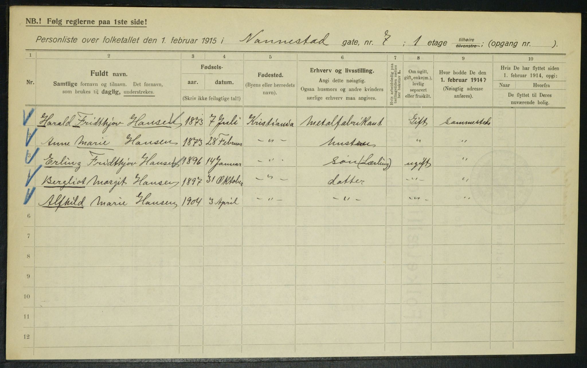 OBA, Municipal Census 1915 for Kristiania, 1915, p. 68584