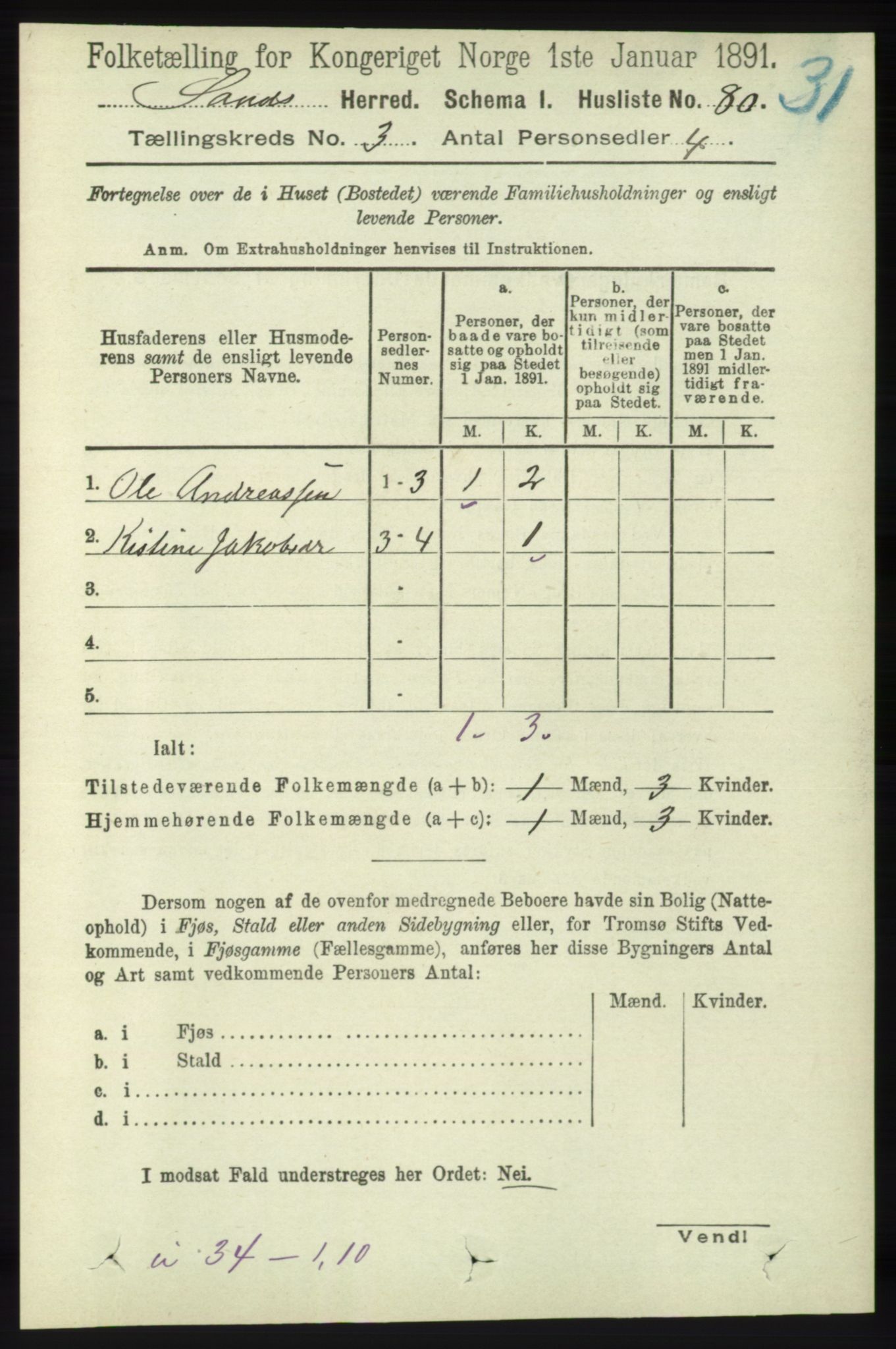 RA, 1891 census for 1136 Sand, 1891, p. 657