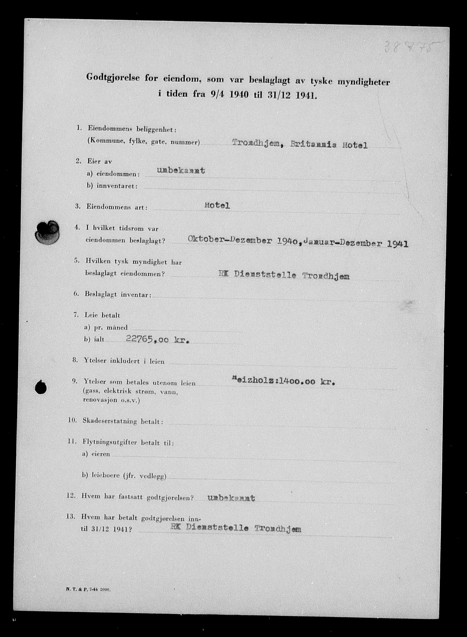 Justisdepartementet, Tilbakeføringskontoret for inndratte formuer, RA/S-1564/I/L1018: Godtgjørelse for beslaglagt eiendom, 1940-1941, p. 237