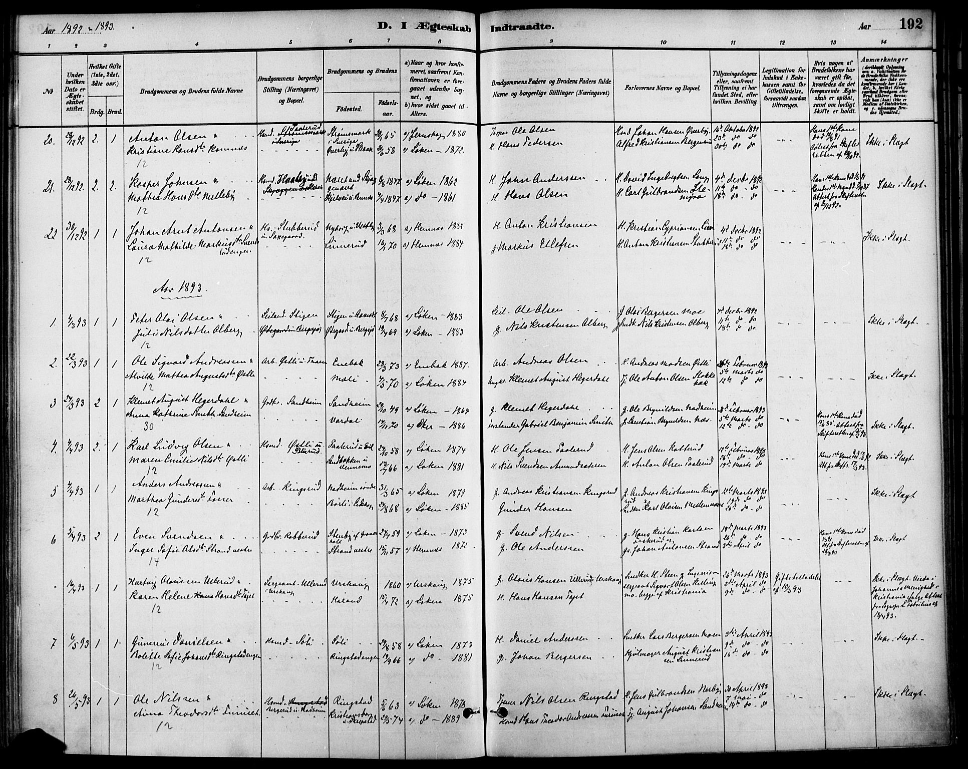 Høland prestekontor Kirkebøker, AV/SAO-A-10346a/F/Fa/L0013: Parish register (official) no. I 13, 1880-1897, p. 192