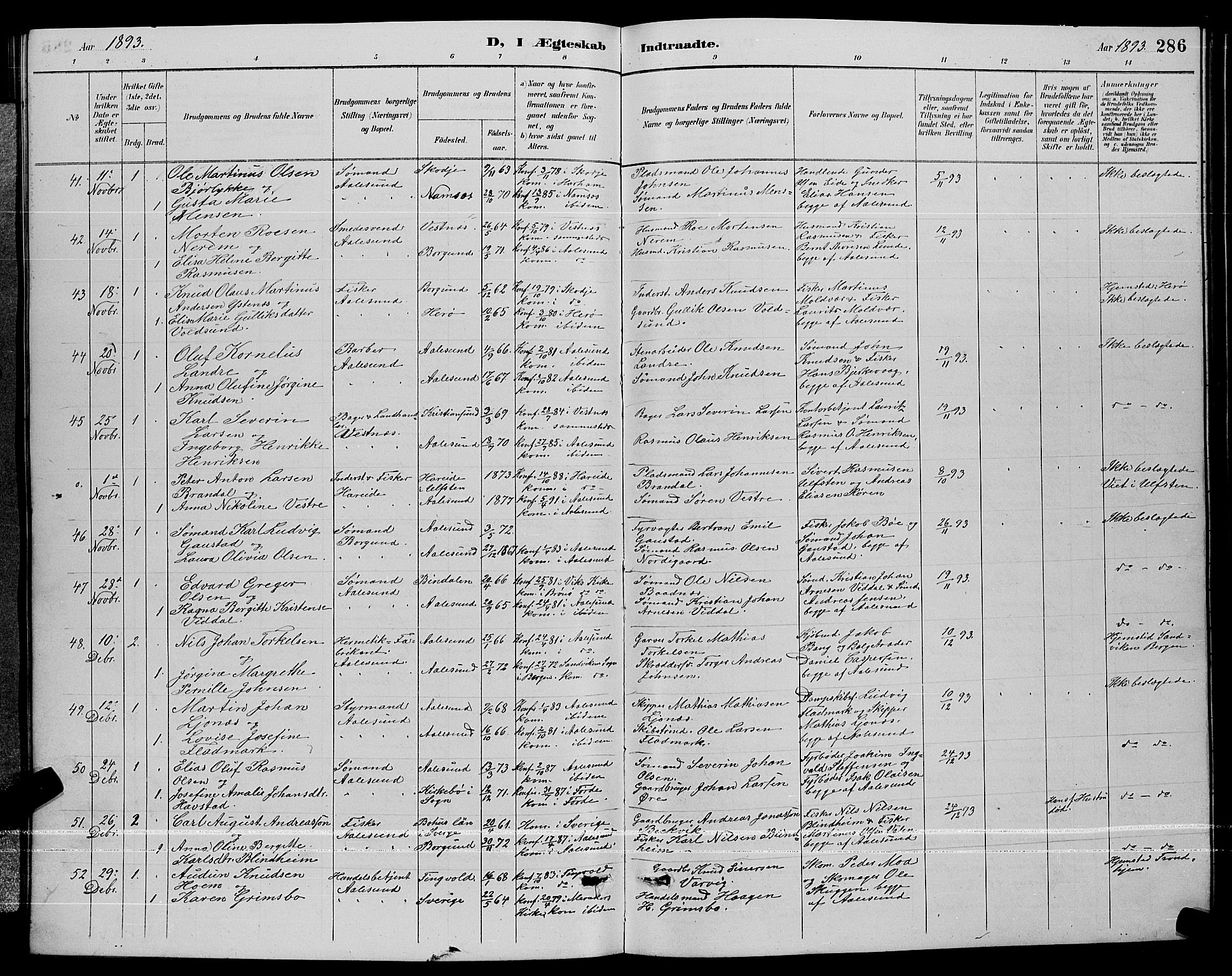 Ministerialprotokoller, klokkerbøker og fødselsregistre - Møre og Romsdal, SAT/A-1454/529/L0467: Parish register (copy) no. 529C04, 1889-1897, p. 286