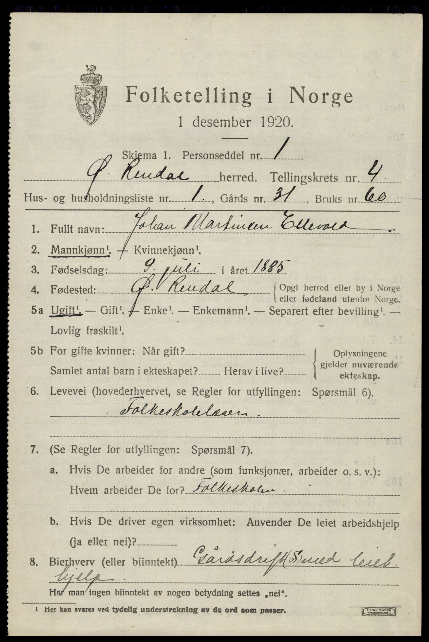 SAH, 1920 census for Øvre Rendal, 1920, p. 1581