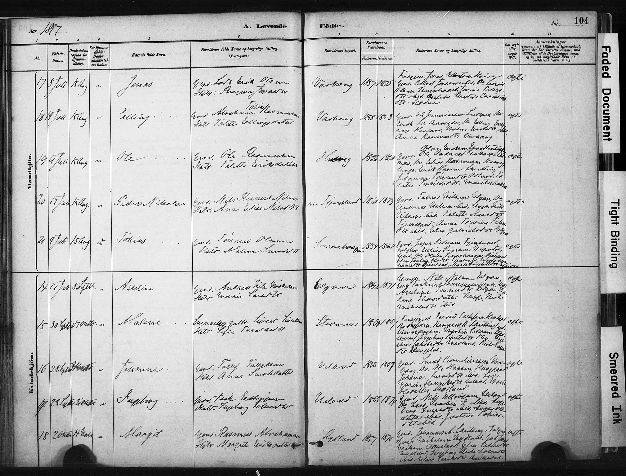 Hå sokneprestkontor, AV/SAST-A-101801/001/30BA/L0011: Parish register (official) no. A 10, 1879-1900, p. 104