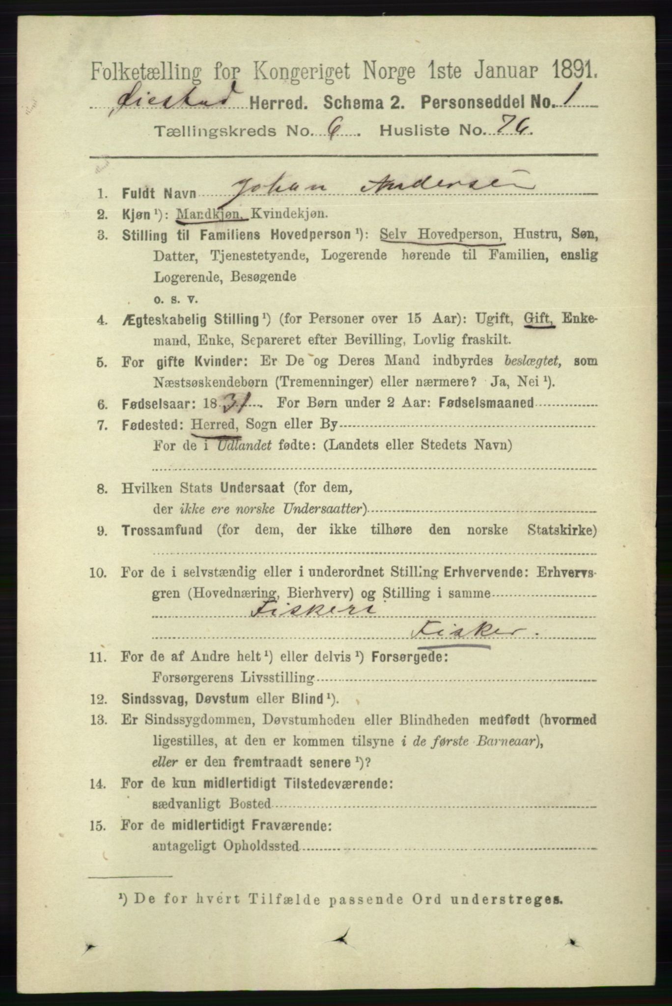 RA, 1891 census for 0920 Øyestad, 1891, p. 2555