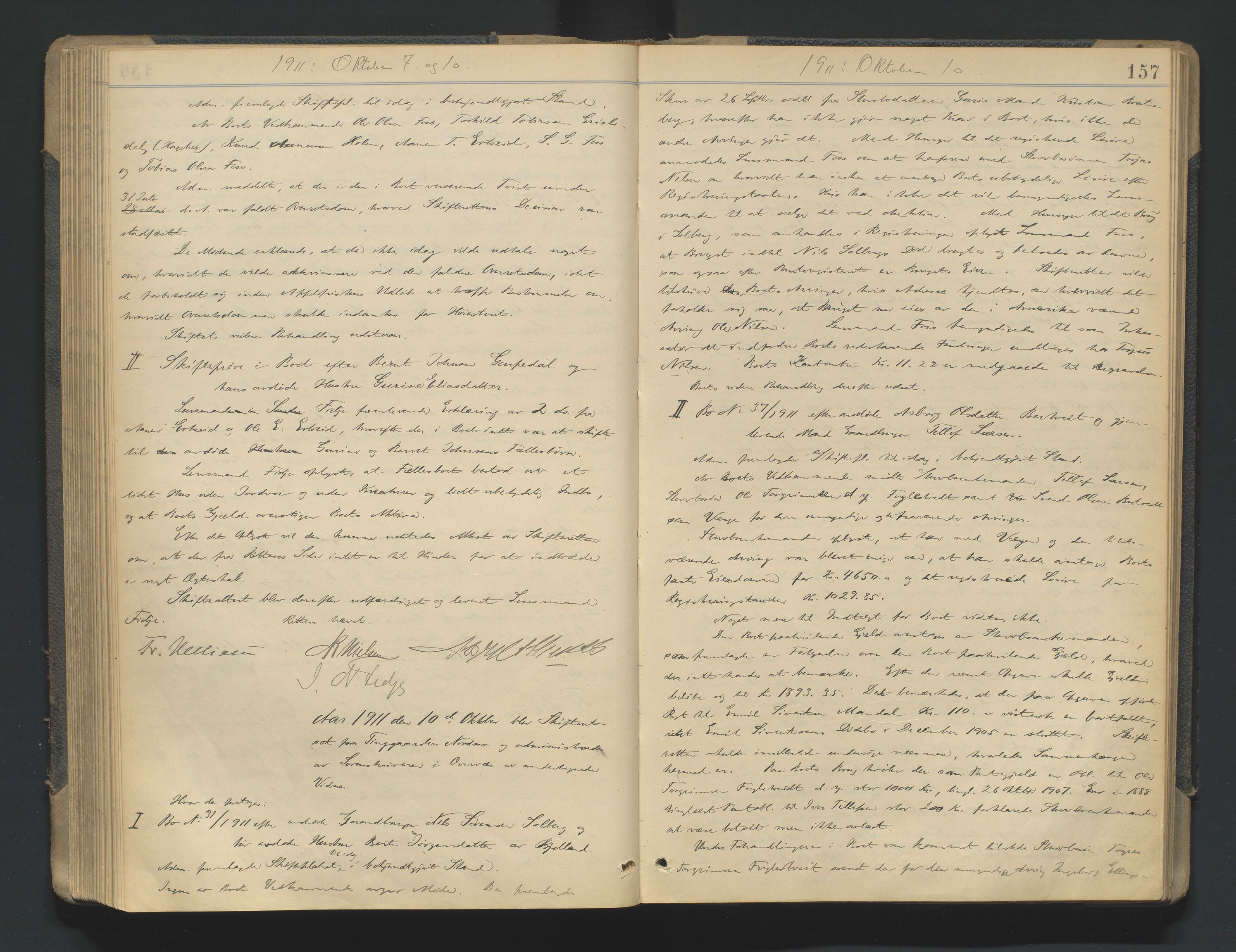 Mandal sorenskriveri, AV/SAK-1221-0005/001/H/Hc/L0081: Skifteforhandlingsprotokoll nr 13, 1909-1913, p. 157