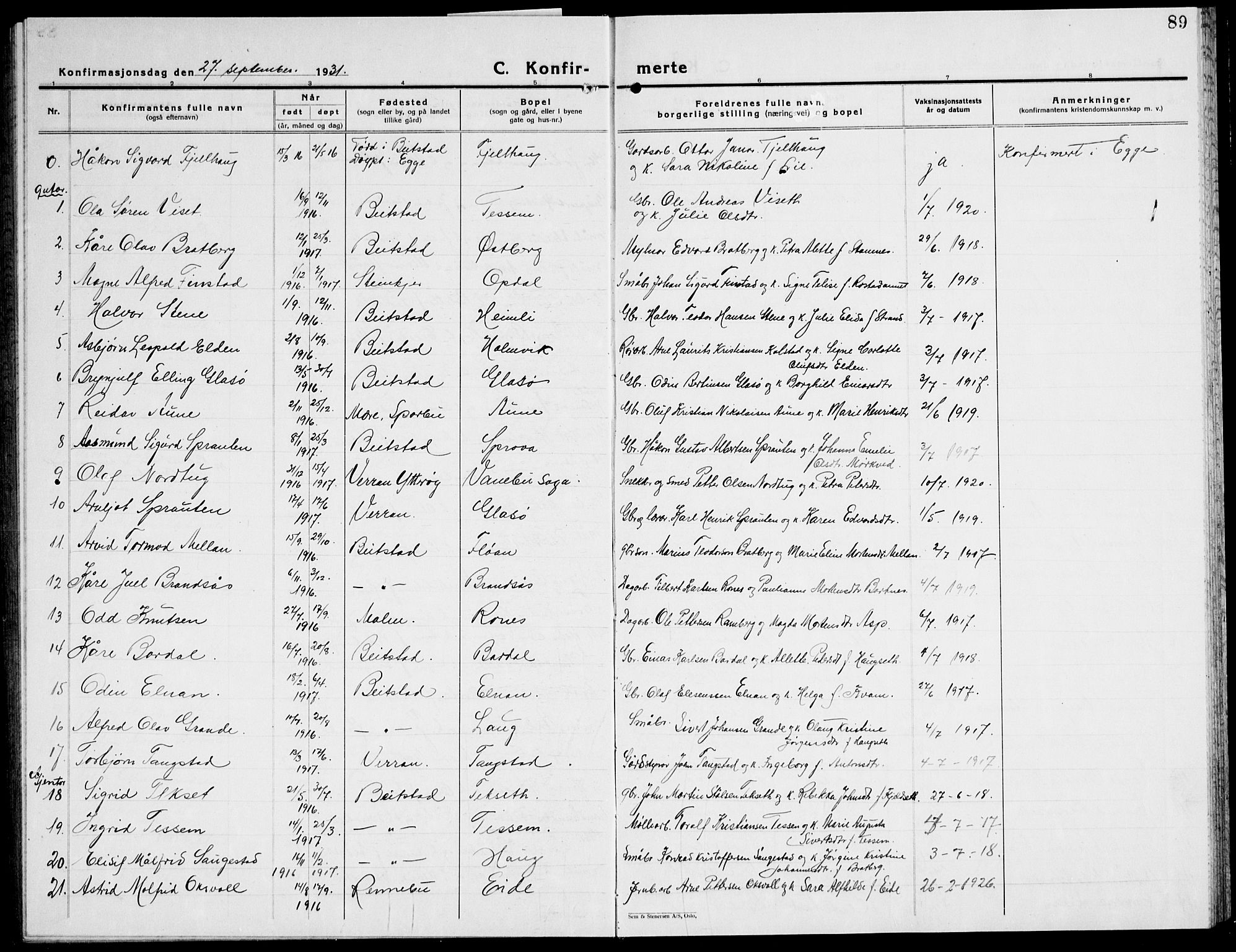 Ministerialprotokoller, klokkerbøker og fødselsregistre - Nord-Trøndelag, AV/SAT-A-1458/741/L0403: Parish register (copy) no. 741C04, 1925-1944, p. 89