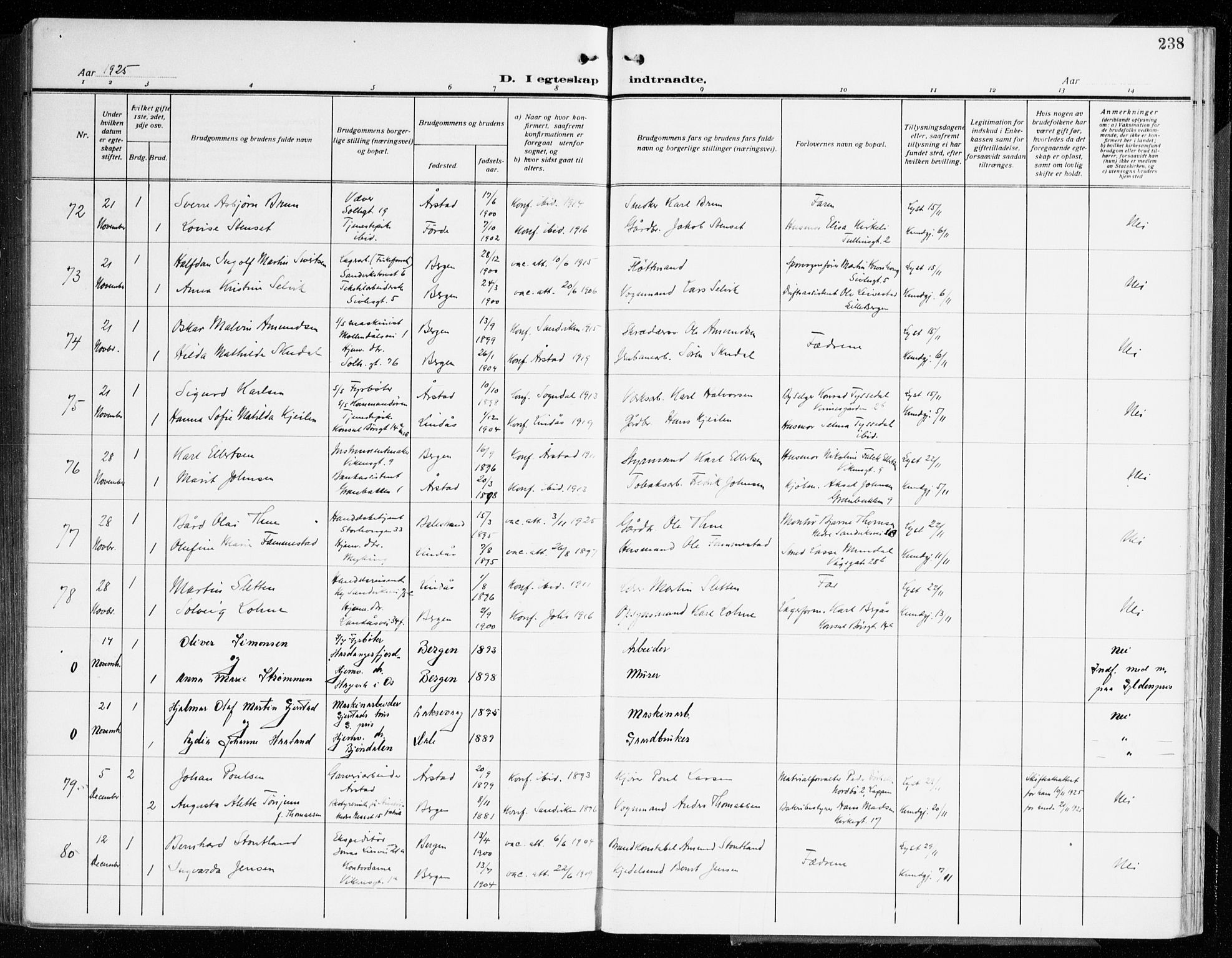 Årstad Sokneprestembete, AV/SAB-A-79301/H/Haa/L0004: Parish register (official) no. A 4, 1919-1928, p. 238