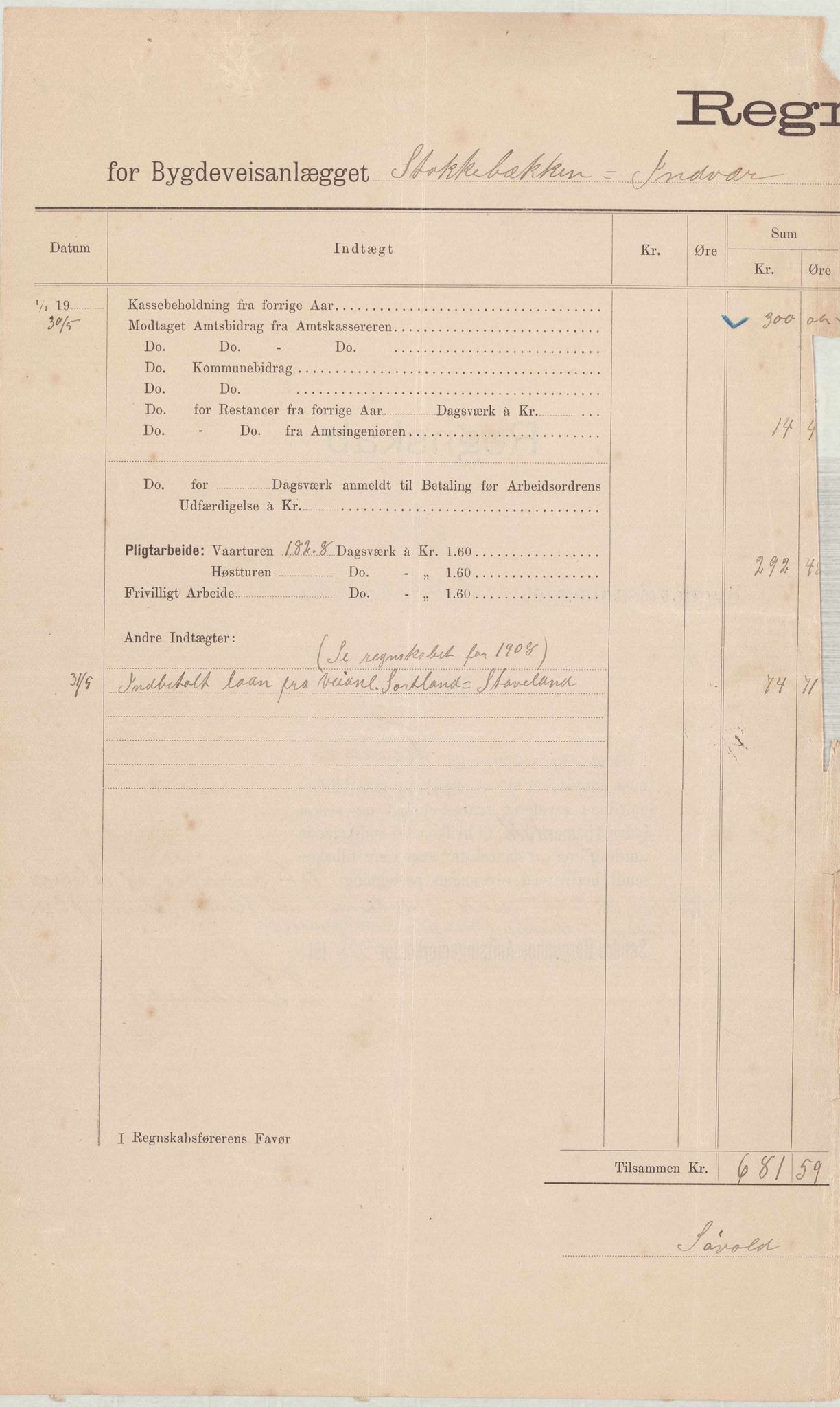 Finnaas kommune. Formannskapet, IKAH/1218a-021/E/Ea/L0001/0001: Rekneskap for veganlegg / Rekneskap for veganlegget Indvær - Stokkabakken, 1910-1915, p. 5