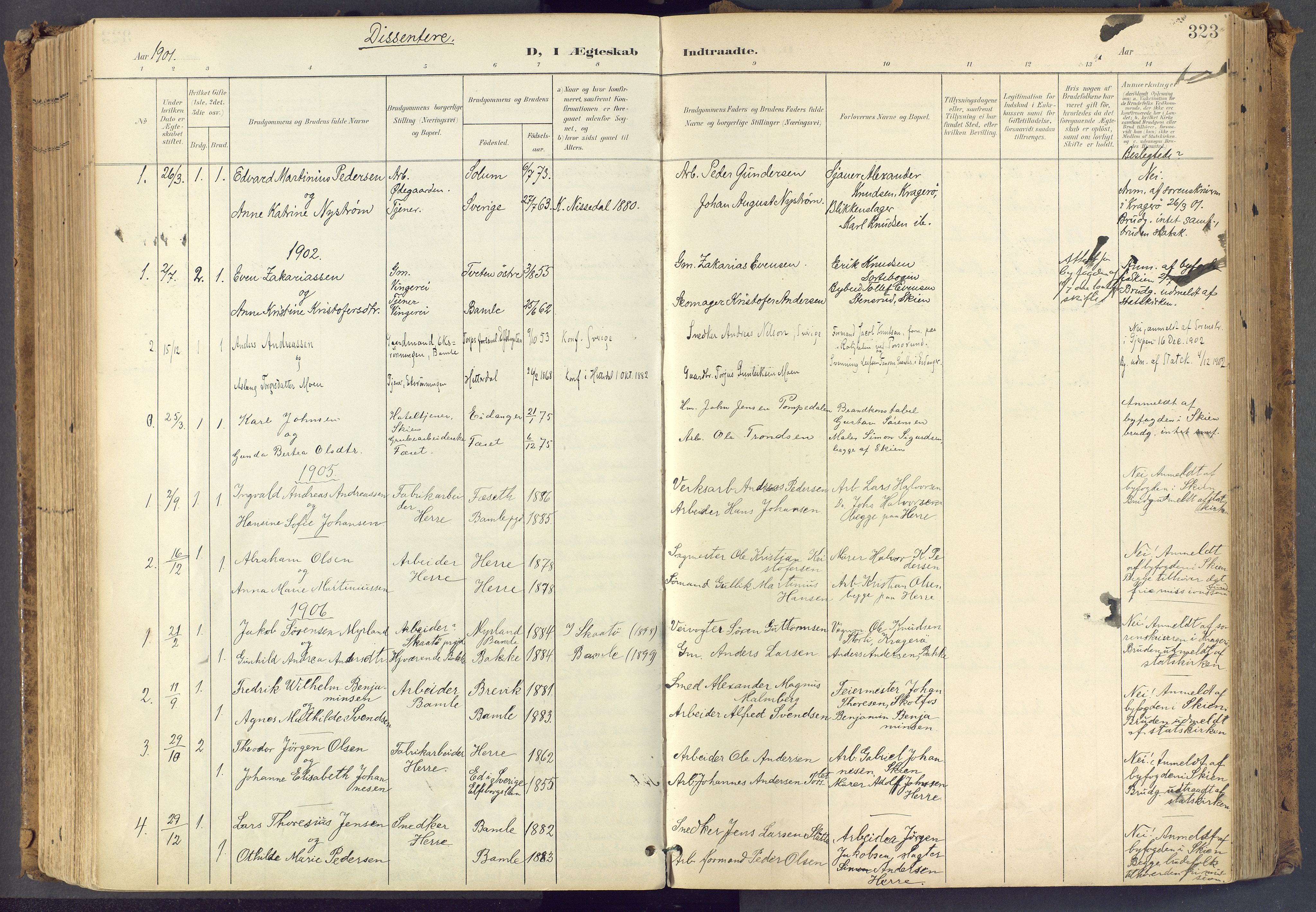 Bamble kirkebøker, SAKO/A-253/F/Fa/L0009: Parish register (official) no. I 9, 1901-1917, p. 323