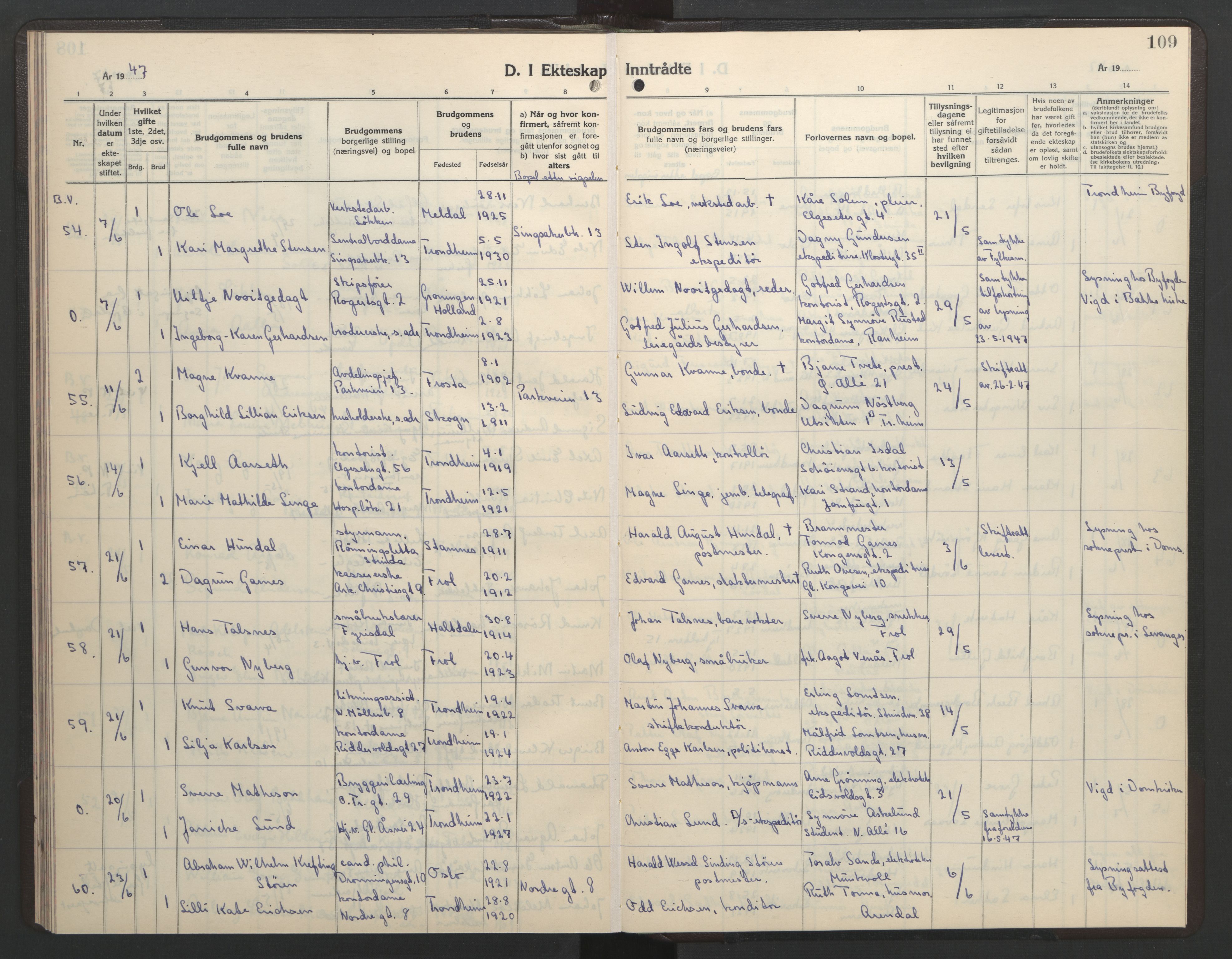 Ministerialprotokoller, klokkerbøker og fødselsregistre - Sør-Trøndelag, AV/SAT-A-1456/602/L0154: Parish register (copy) no. 602C22, 1940-1947, p. 109