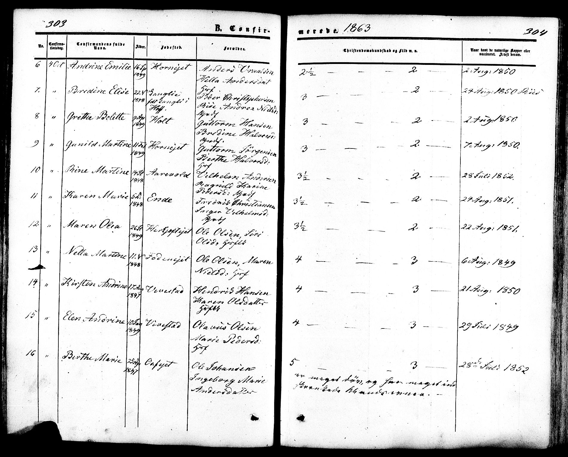 Ramnes kirkebøker, AV/SAKO-A-314/F/Fa/L0006: Parish register (official) no. I 6, 1862-1877, p. 303-304