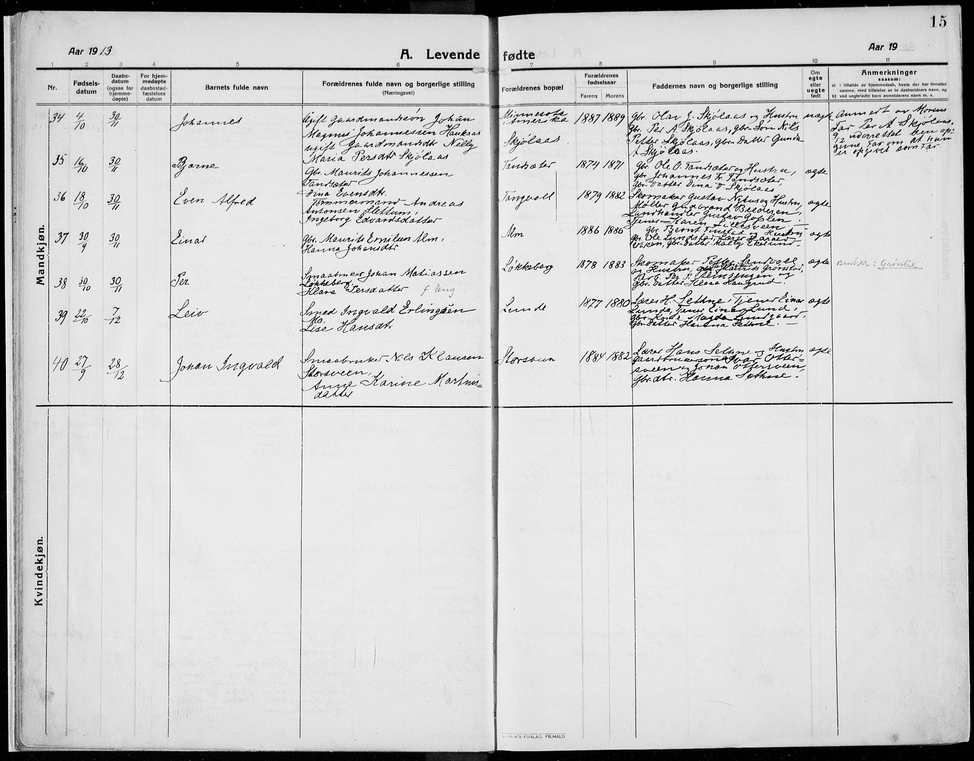 Kolbu prestekontor, SAH/PREST-110/H/Ha/Haa/L0002: Parish register (official) no. 2, 1912-1926, p. 15