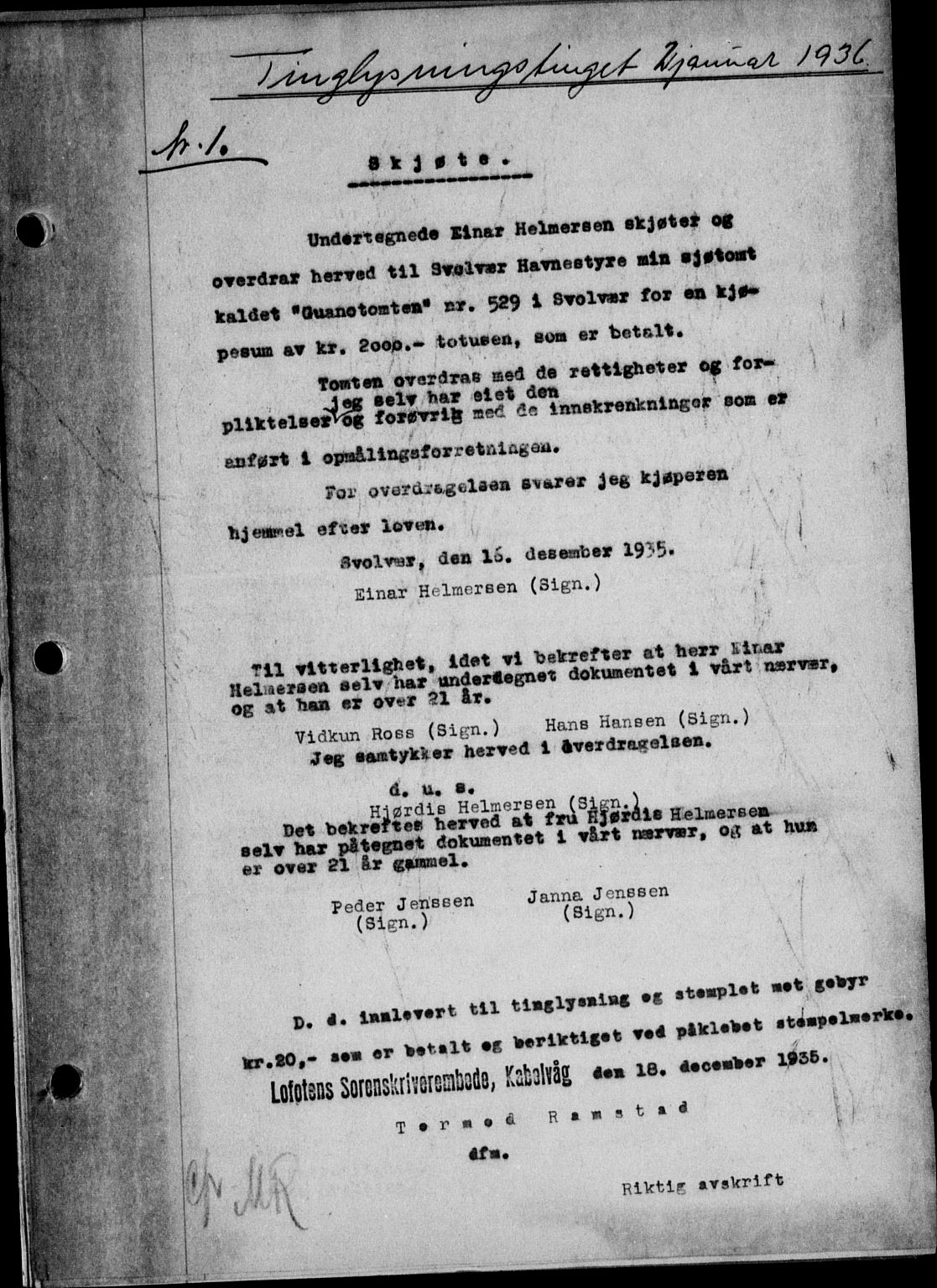 Lofoten sorenskriveri, SAT/A-0017/1/2/2C/L0033b: Mortgage book no. 33b, 1936-1936, Diary no: : 1/1936