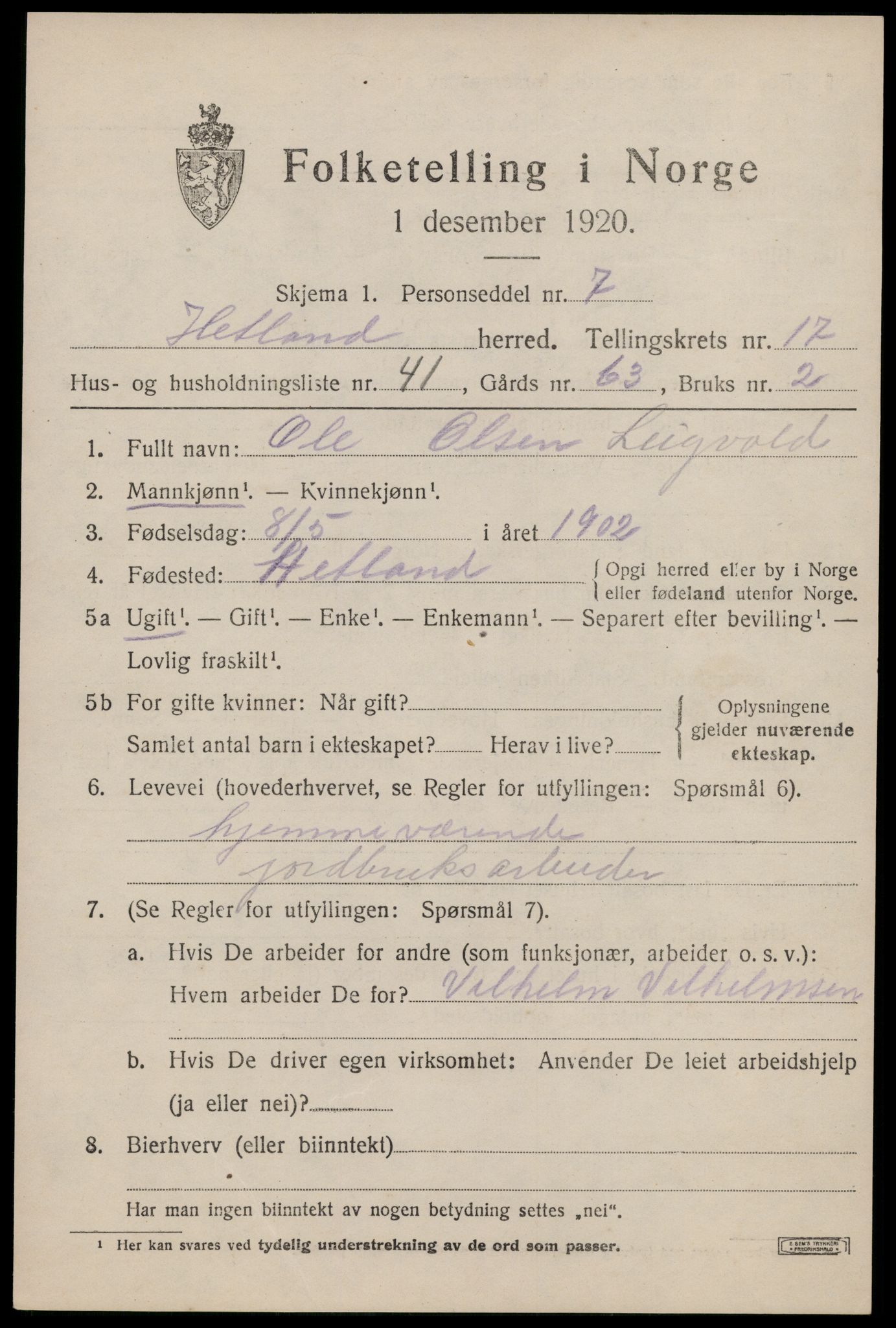 SAST, 1920 census for Hetland, 1920, p. 24995