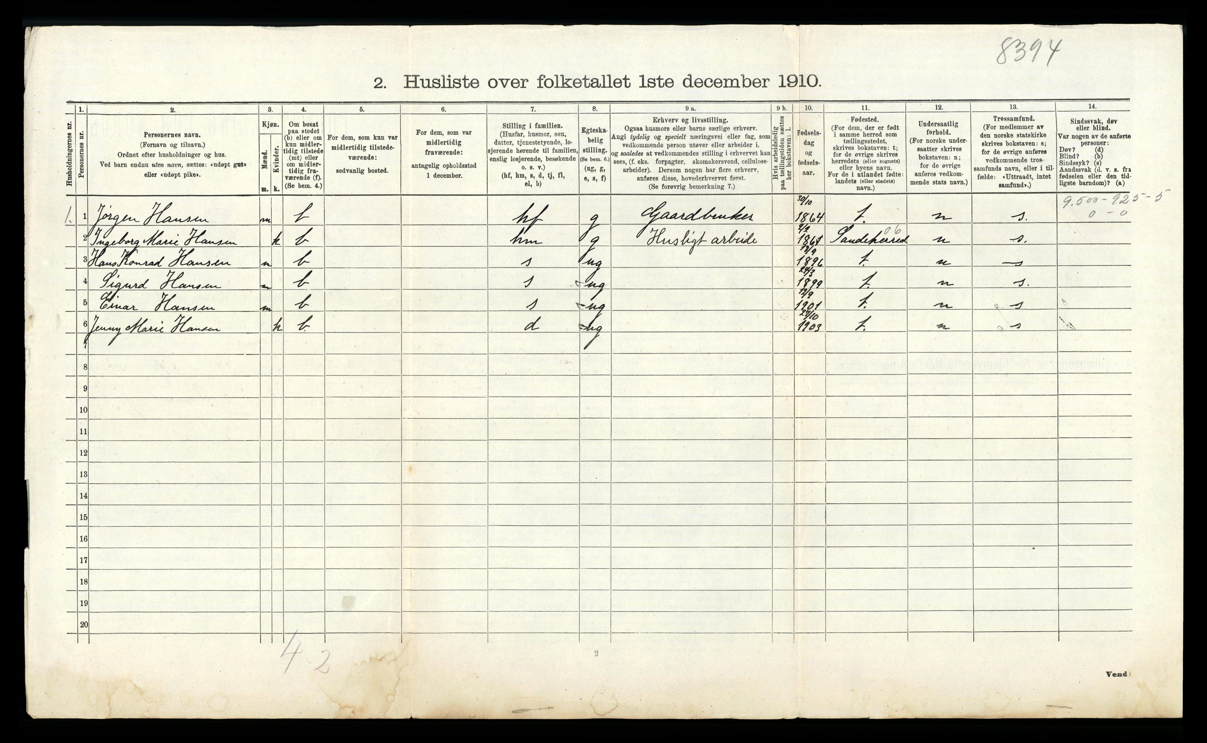 RA, 1910 census for Sem, 1910, p. 1031