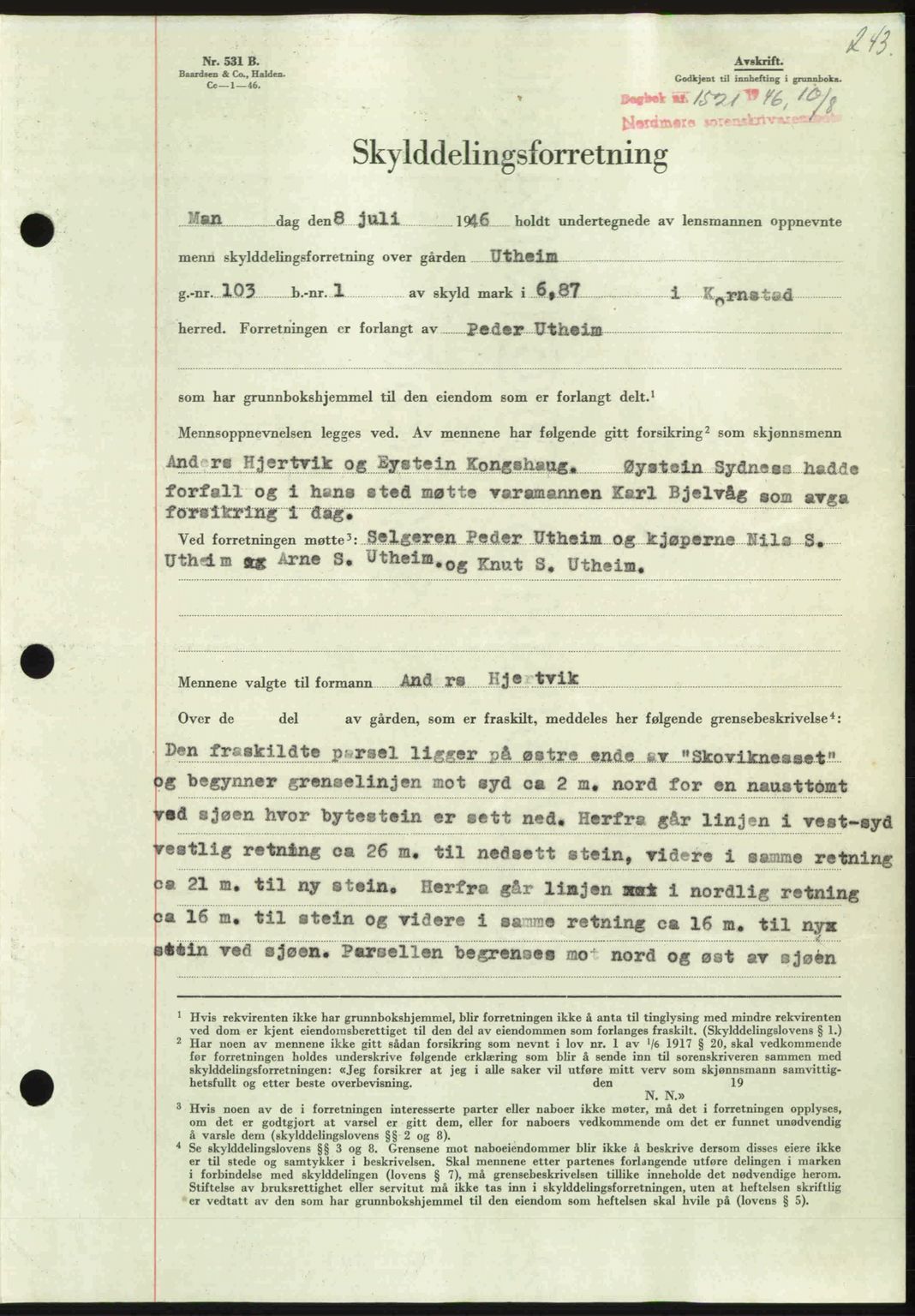 Nordmøre sorenskriveri, AV/SAT-A-4132/1/2/2Ca: Mortgage book no. A102, 1946-1946, Diary no: : 1521/1946