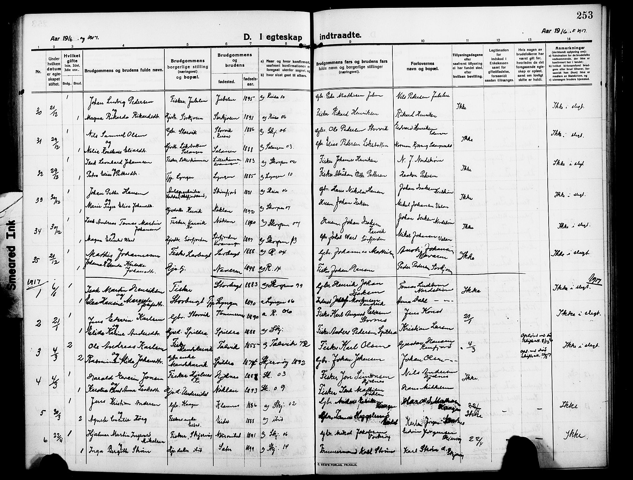 Skjervøy sokneprestkontor, SATØ/S-1300/H/Ha/Hab/L0009klokker: Parish register (copy) no. 9, 1911-1926, p. 253