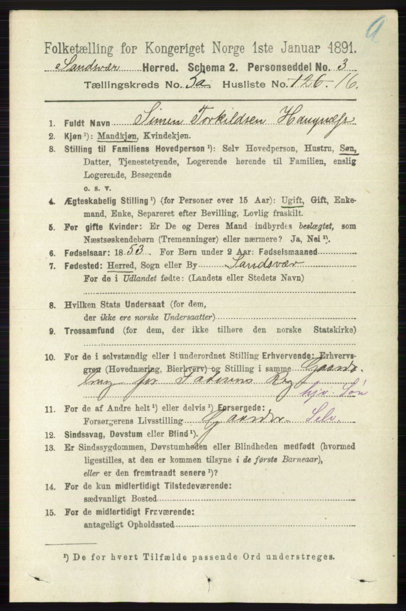RA, 1891 census for 0629 Sandsvær, 1891, p. 2577