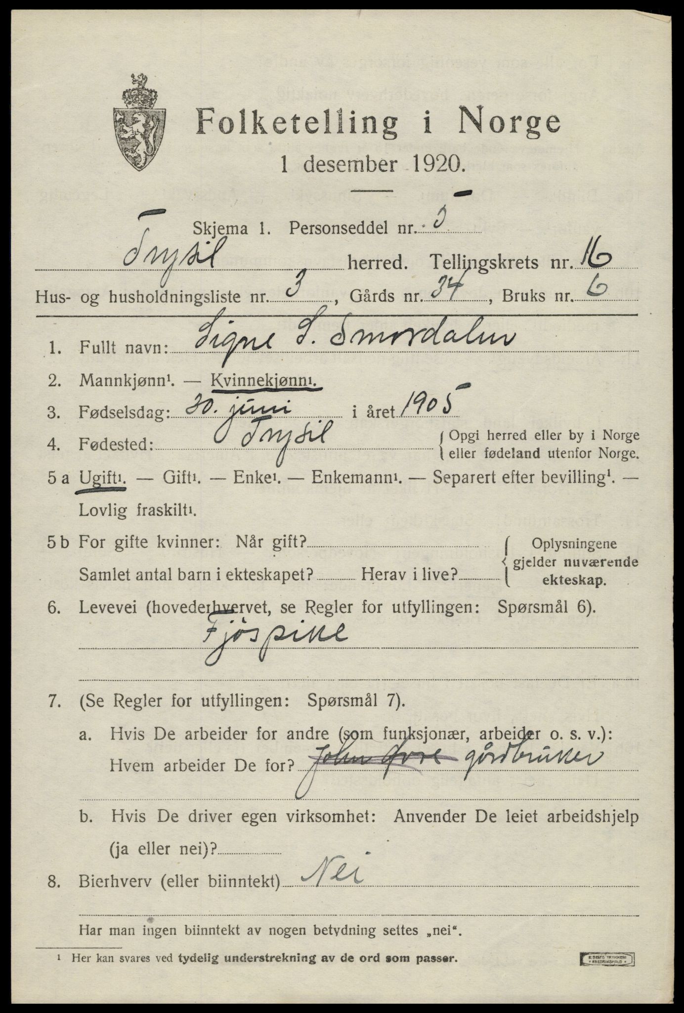 SAH, 1920 census for Trysil, 1920, p. 9463