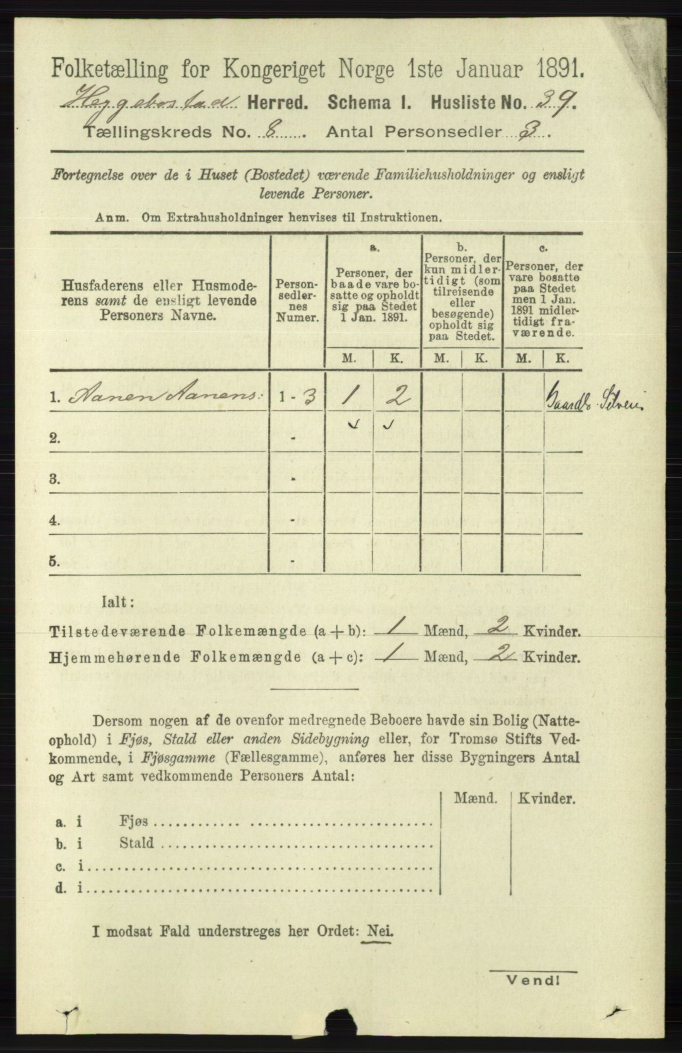 RA, 1891 census for 1034 Hægebostad, 1891, p. 2458