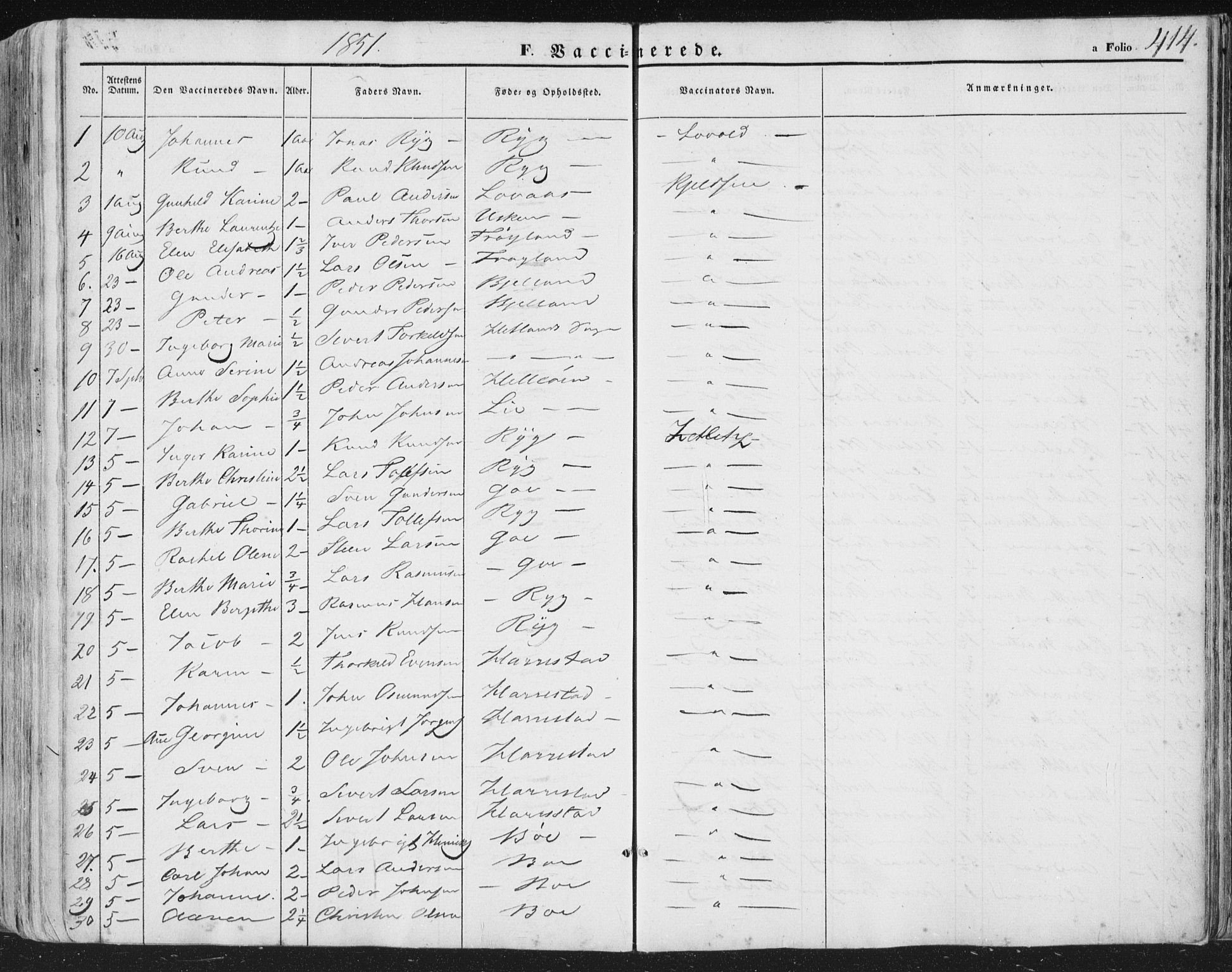 Hetland sokneprestkontor, AV/SAST-A-101826/30/30BA/L0002: Parish register (official) no. A 2, 1849-1869, p. 414