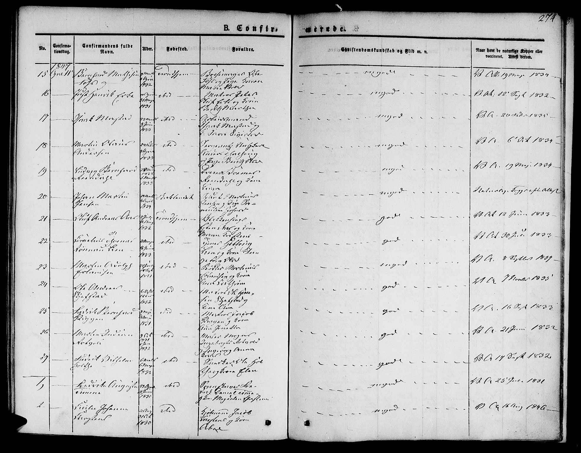 Ministerialprotokoller, klokkerbøker og fødselsregistre - Sør-Trøndelag, AV/SAT-A-1456/601/L0048: Parish register (official) no. 601A16, 1840-1847, p. 274