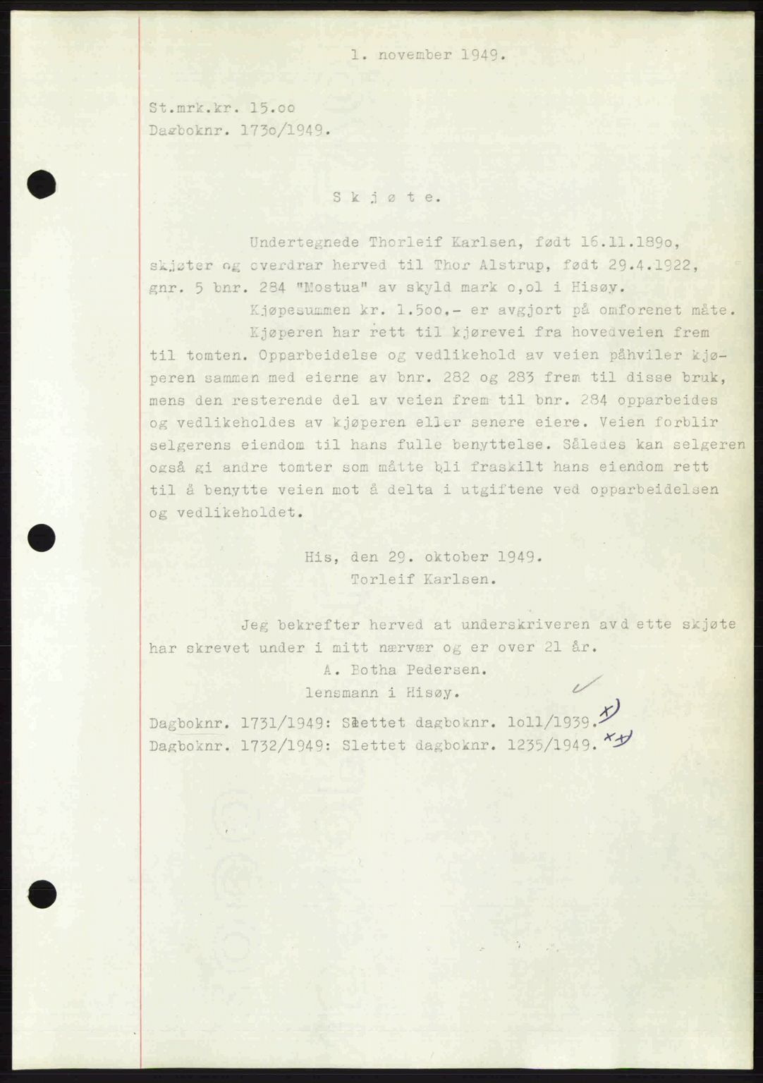 Nedenes sorenskriveri, SAK/1221-0006/G/Gb/Gba/L0061: Mortgage book no. A13, 1949-1949, Diary no: : 1730/1949