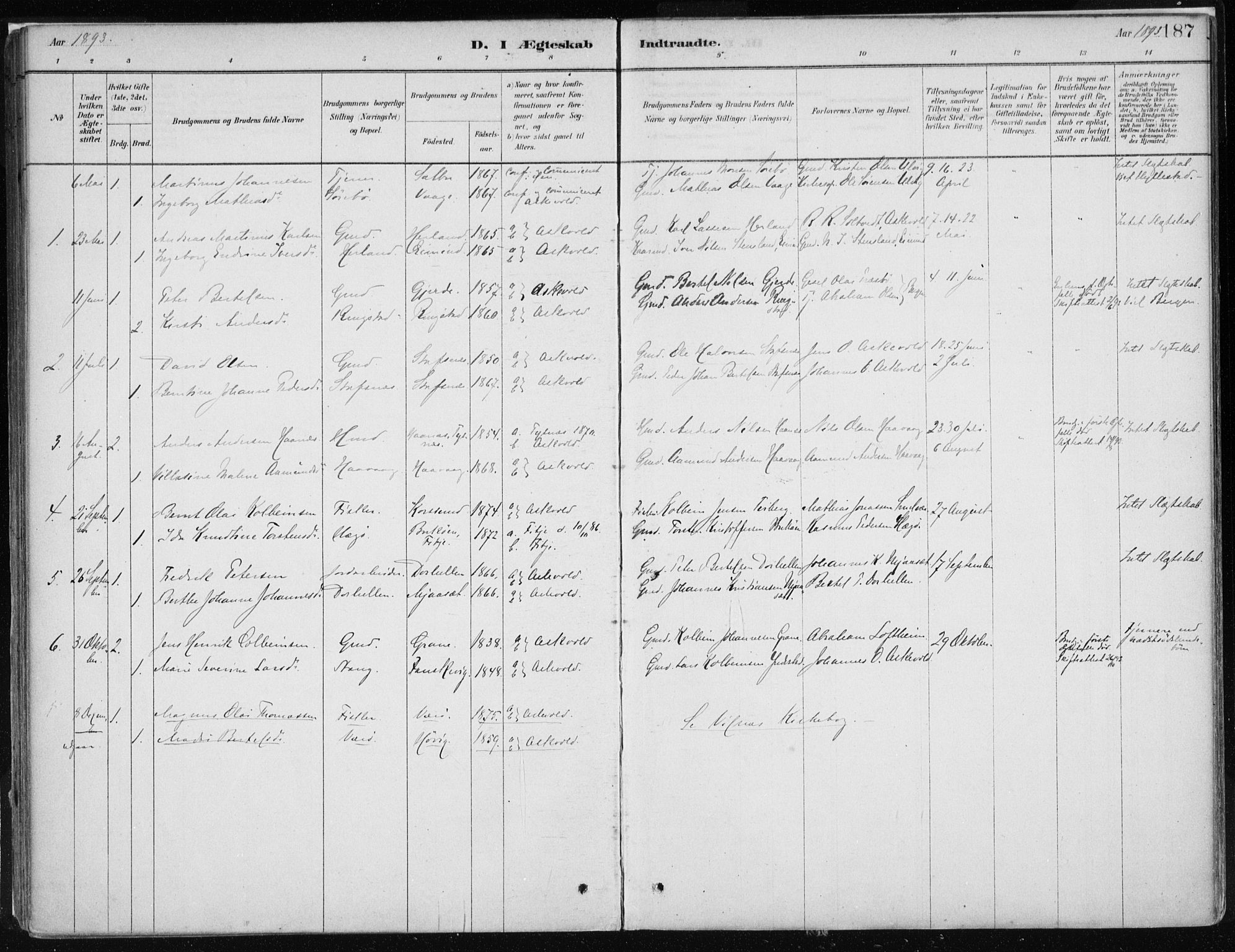 Askvoll sokneprestembete, SAB/A-79501/H/Haa/Haab/L0002: Parish register (official) no. B 2, 1879-1909, p. 187