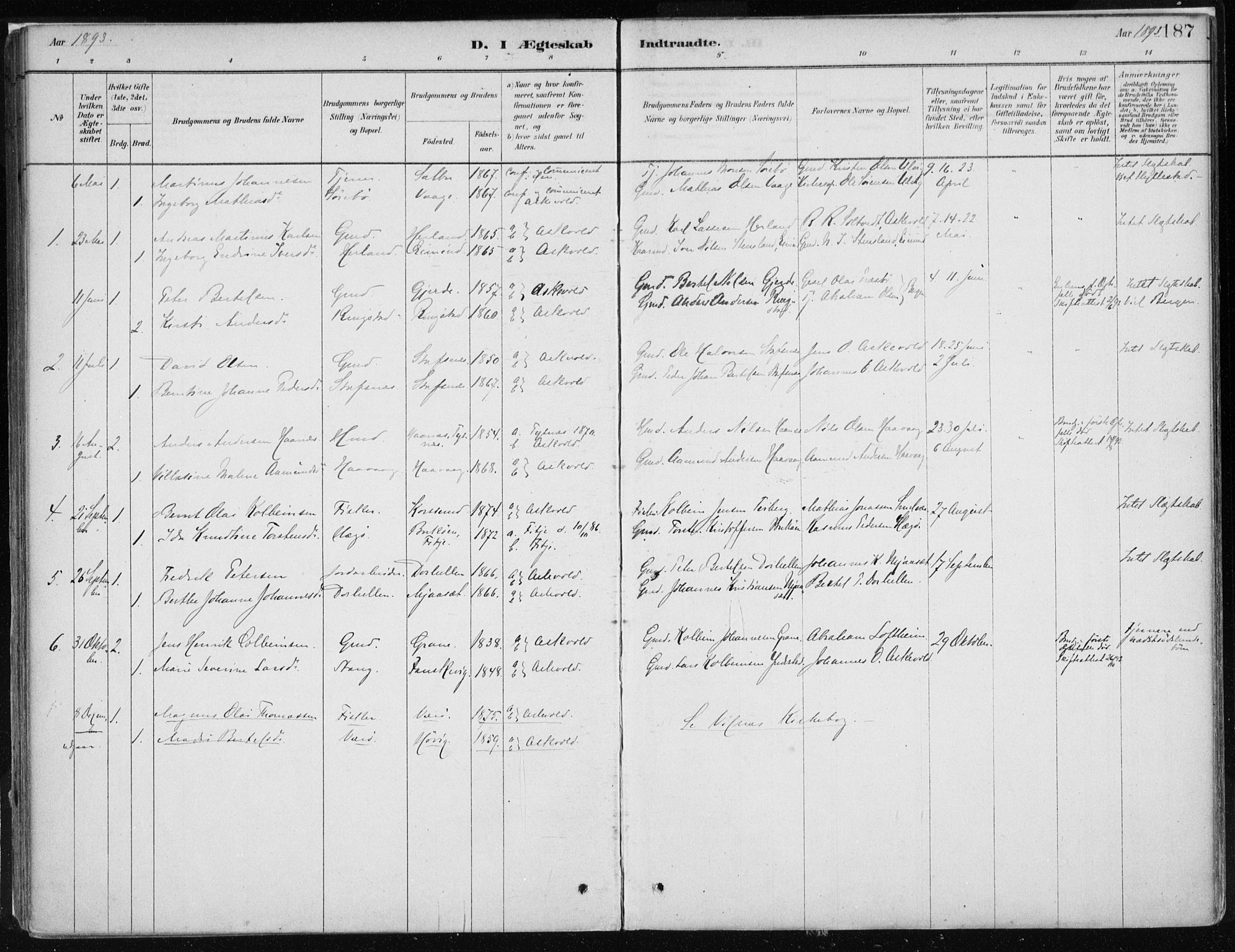 Askvoll sokneprestembete, AV/SAB-A-79501/H/Haa/Haab/L0002: Parish register (official) no. B 2, 1879-1909, p. 187