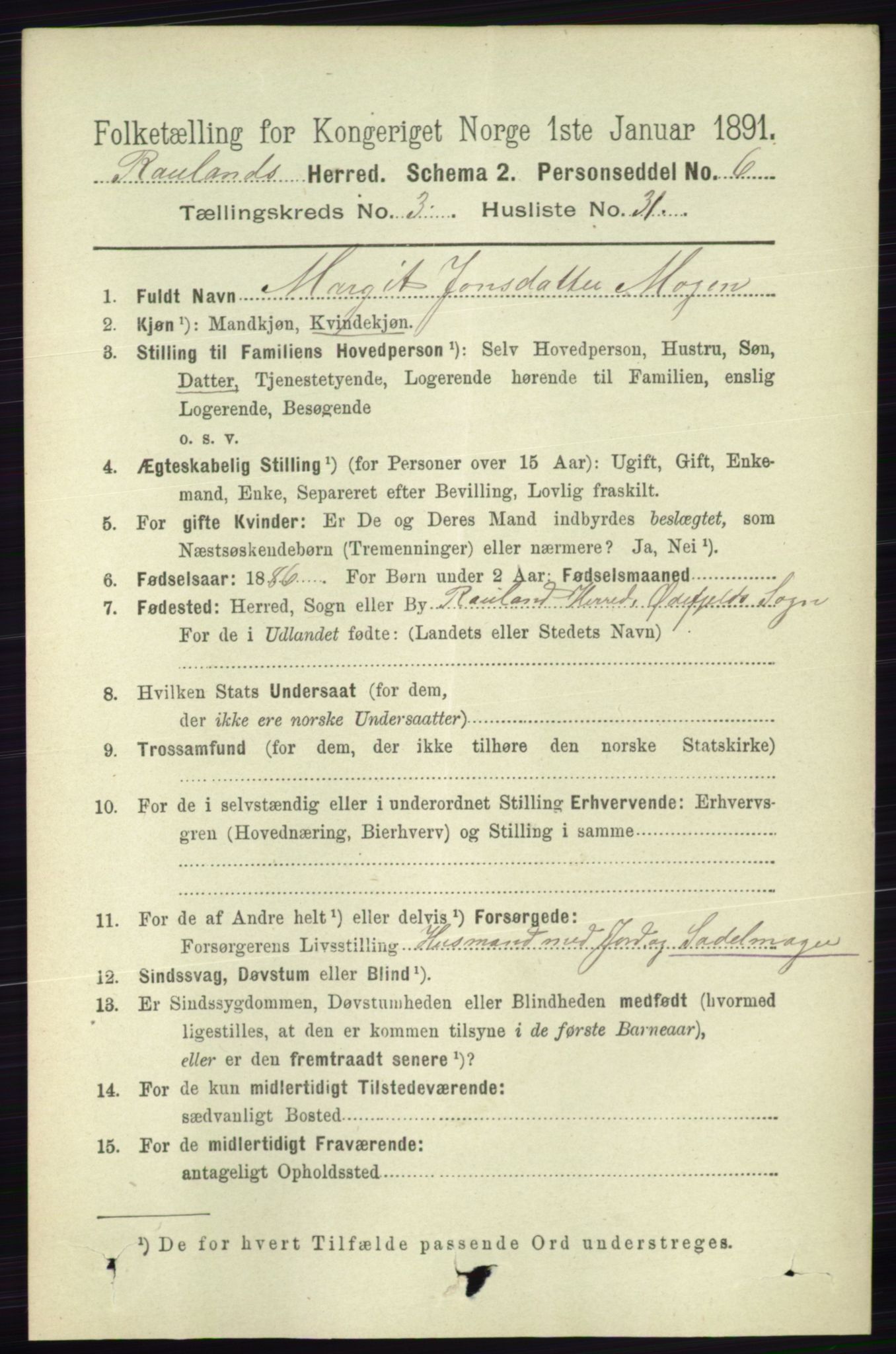 RA, 1891 census for 0835 Rauland, 1891, p. 983