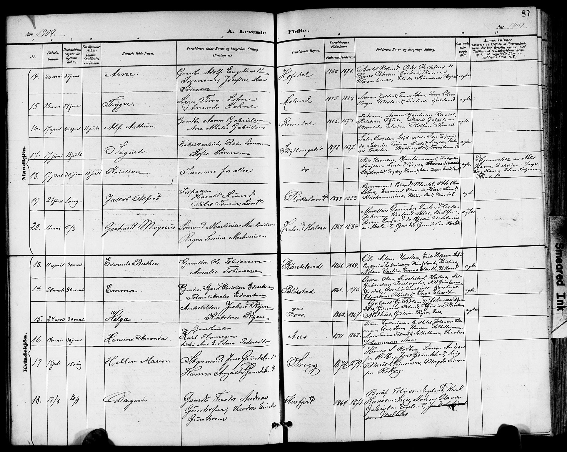 Sør-Audnedal sokneprestkontor, AV/SAK-1111-0039/F/Fb/Fbb/L0006: Parish register (copy) no. B 6, 1893-1915, p. 87